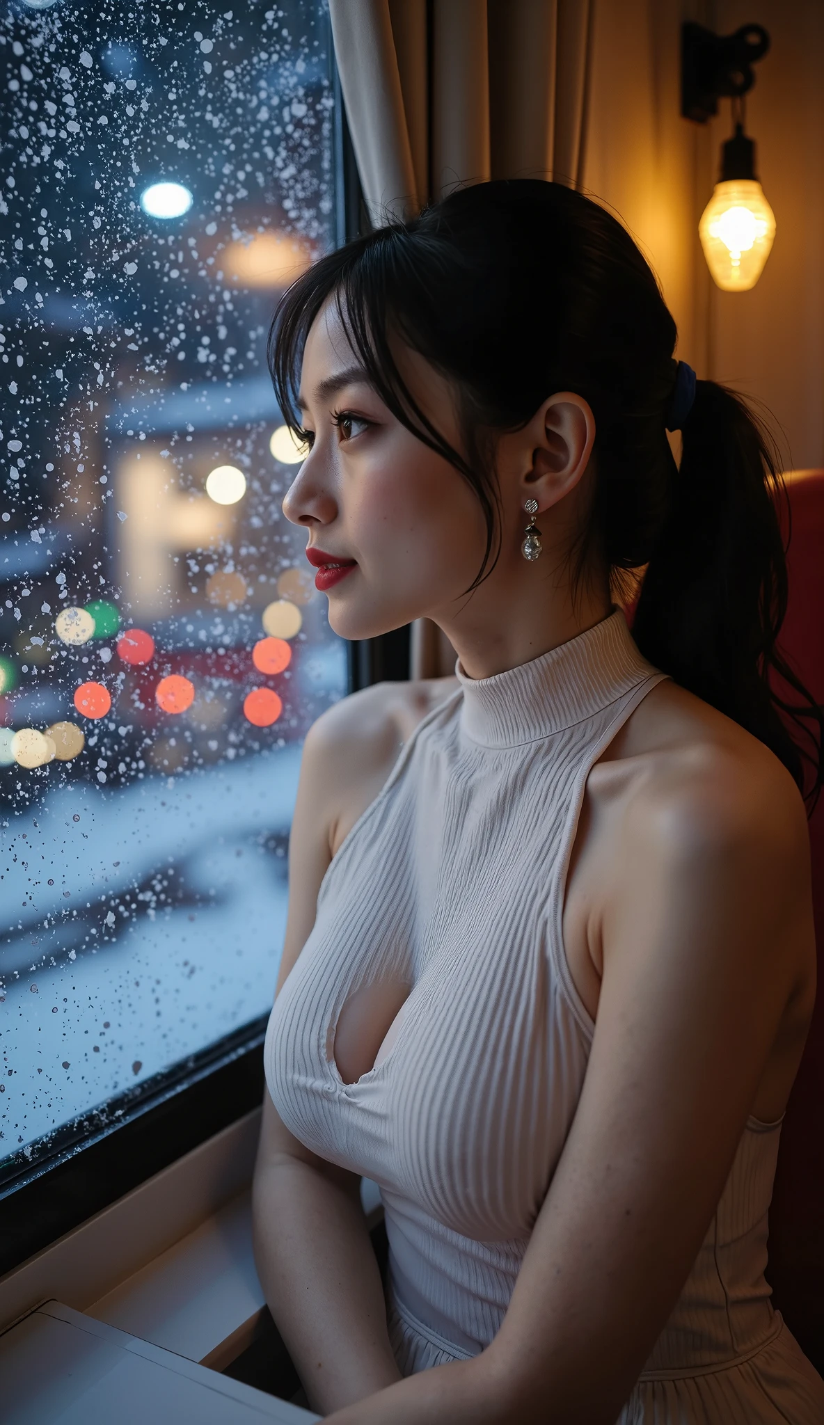 Winter Night Train, cinematic portrait of a transcendental beauty sitting by the window, staring at the snowy Christmas lights shining outside, gentle snow、drifts through festive light. she says 、cool for outdoor use、wearing a ribbed high neck sleeveless dress; And perfect — soft porcelain-like shine. skin emits light, VERY SCANTILY DRESSED , Perfect、shine like soft porcelain, rich fabric, Subtle specular highlights. A look of mixed happiness and embarrassment, eyes twinkle, Lightly open lips. takes composition with a golden ratio: Poetic Winter Silence on the Train at Night, reflection on windows and delicate hands. 3/4 Views, 50mm Prime Lens Feel, not overcut、Reflections on the window and secondary focus on delicate hands. night carriage atmosphere: warm amber cabin lights、contrast with cool moonlight blue and colorful Christmas illuminations; Snowstorm, Glowing ornaments, Festive bokeh . shallow depth of field, creamy background blur ; } PREMIUM LIGHTING; Warm Amber Guest Room Light and, Main Focus on Face and Shoulder Lines. rich in detail: Rib direction, gently stretches in curves, beautifully woven edges, Gentle Rimlight from the Window. Cool bluish cyan on the outside; ponytail、baby-like face and round eyes、Sophisticated Makeup, soft blush, delicate eyeliner. Color Palette: with elegant underbust slit and ultra mini skirt Blue-cyan and multi-colored festive lights, warm honey color; balanced contrast, edit fashion photo. super detailed, masterpiece, Elegant Gloss on the Garters; gentle underneath the surface, while moderately exposing, Sophisticated Makeup — Natural Glow, Minimal Noise. Subdued Light from Within: sensual and seductive, definitely not vulgar; Intimate, Realistic yet Romantic.nipple protrusion under his clothes:1.5、big boobs:1.5