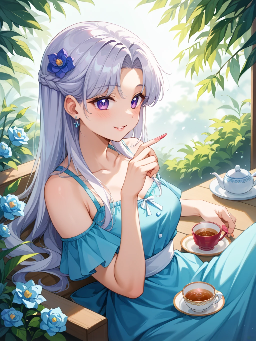 (8k, RAW photo, best quality, masterpiece:1.2), (intricate details), perfect eyes, perfect face, perfect lighting, beautiful, (masterpiece:1.2), (best quality:1.2), 1girl, solo, white fox girl, white hair, ((long loosen hair)), fox ears, white long fluffy tail, adult torso, 17 years old, slight smile, huge sized , ( blue dress), cowboy shot, 3DMM, seated, front view