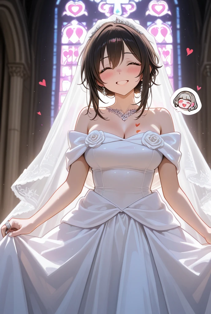 incoming hug, 1 girl, Alone, Gray background, Big breasts, ochako uraraka wearing wedding dress, ((breasts 420cm))
