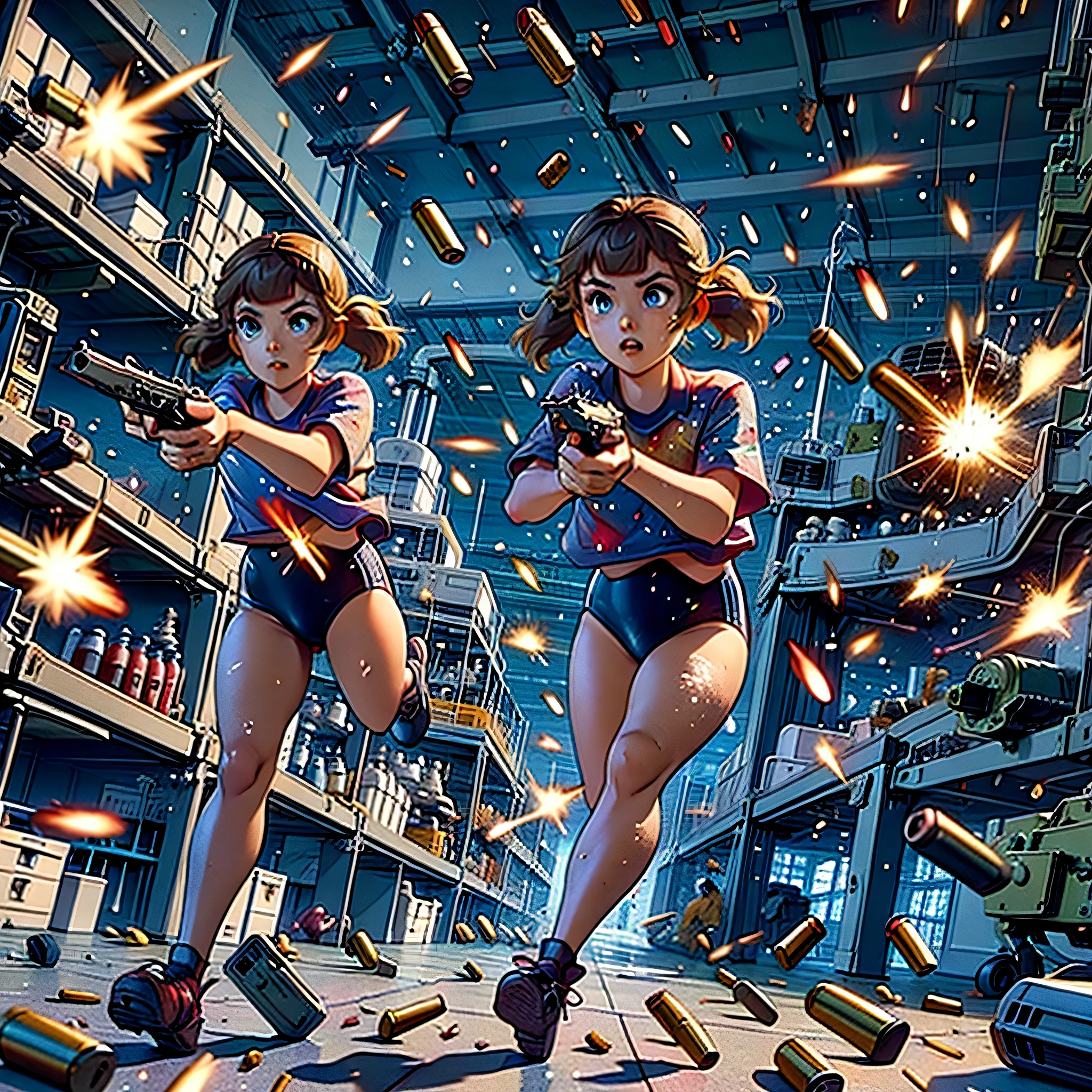 (yellow hair, blue eyes, blunt bangs, twintails) red shirt, black gymnastics bloomers,high leg,self wedgie,, Jude Smith, Eddy Shinjuku, (((firing, bullet, gun,light particles))), running, highly detailed, high budget Hollywood film, text