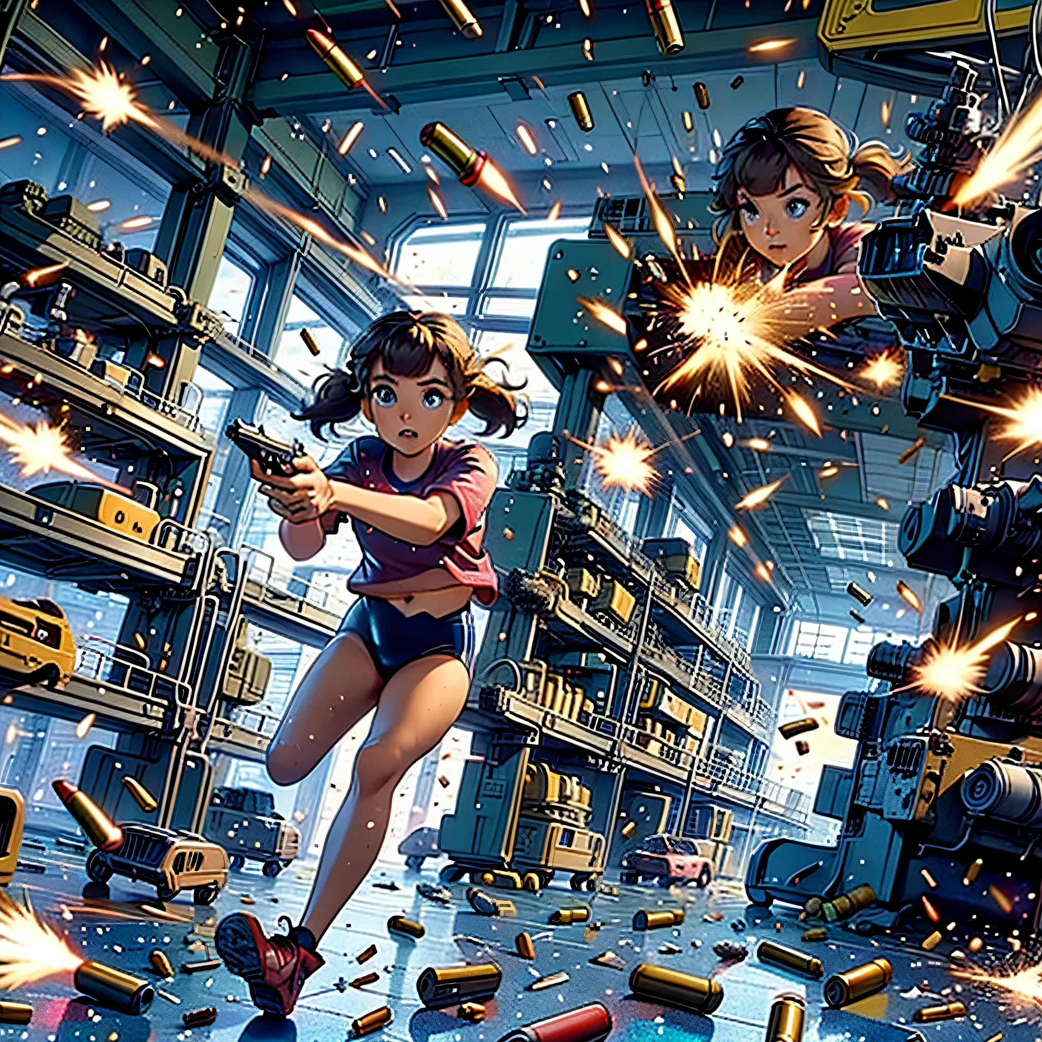 (yellow hair, blue eyes, blunt bangs, twintails) red shirt, black gymnastics bloomers,high leg,self wedgie,, Jude Smith, Eddy Shinjuku, (((firing, bullet, gun,light particles))), running, highly detailed, high budget Hollywood film, text