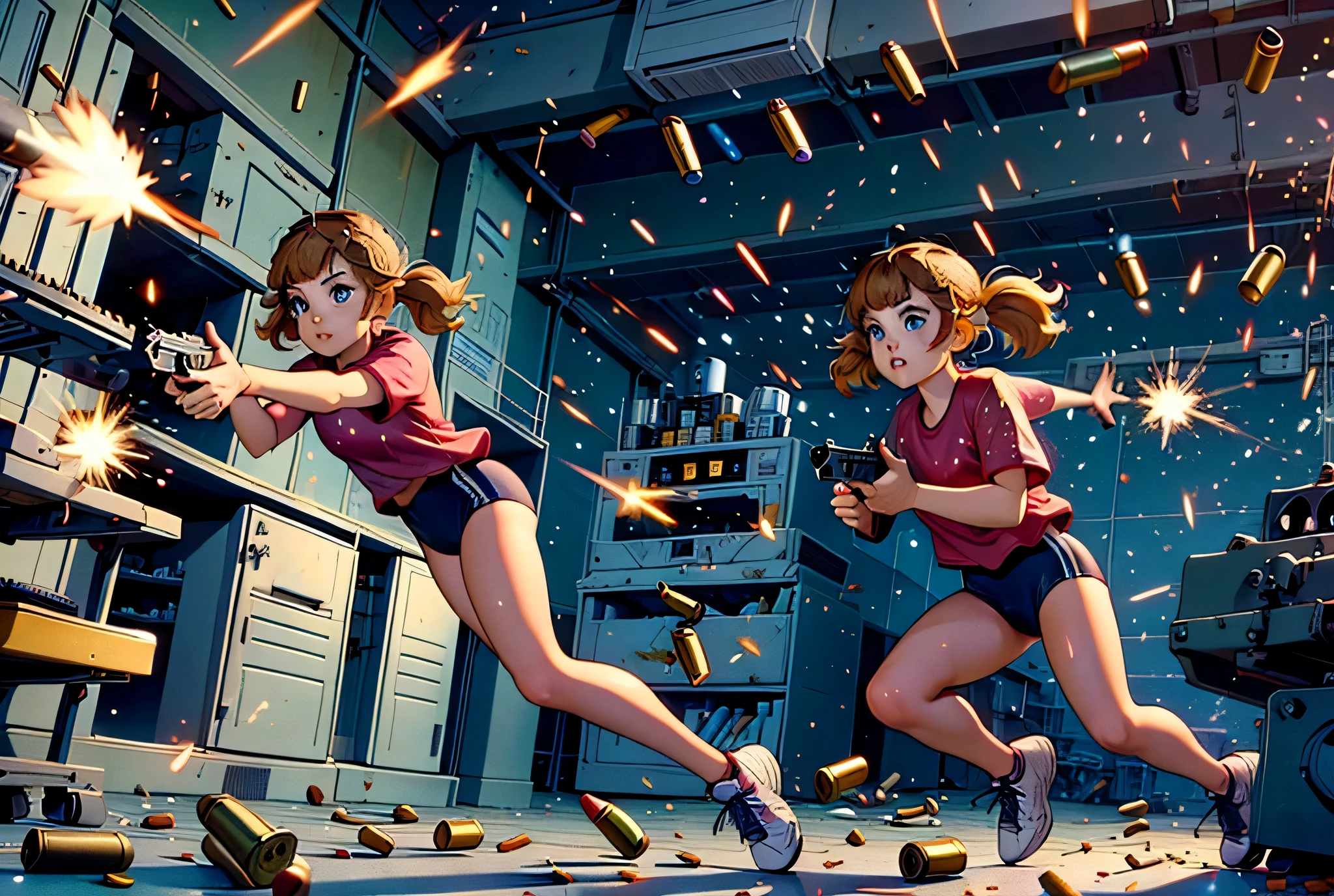 (yellow hair, blue eyes, blunt bangs, twintails) red shirt, black gymnastics bloomers,high leg,self wedgie,, Jude Smith, Eddy Shinjuku, (((firing, bullet, gun,light particles))), running, highly detailed, high budget Hollywood film, text