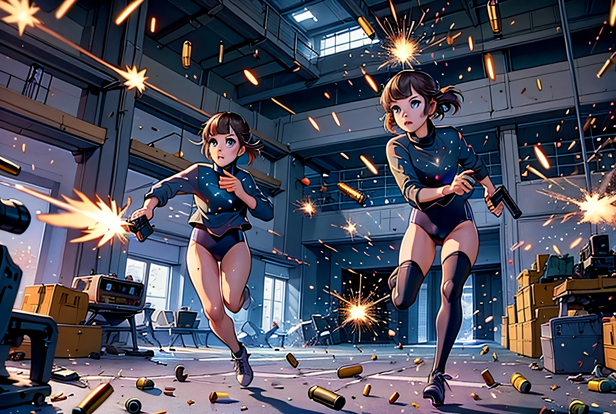 (yellow long hair, blue eyes, blunt bangs,) 1girl,purple shirt, thigh highs,turtleneck,black gymnastics bruma,high leg,self wedgie,, Jude Smith, Eddy Shinjuku, (((firing, bullet, gun,light particles))), running, highly detailed, high budget Hollywood film, text