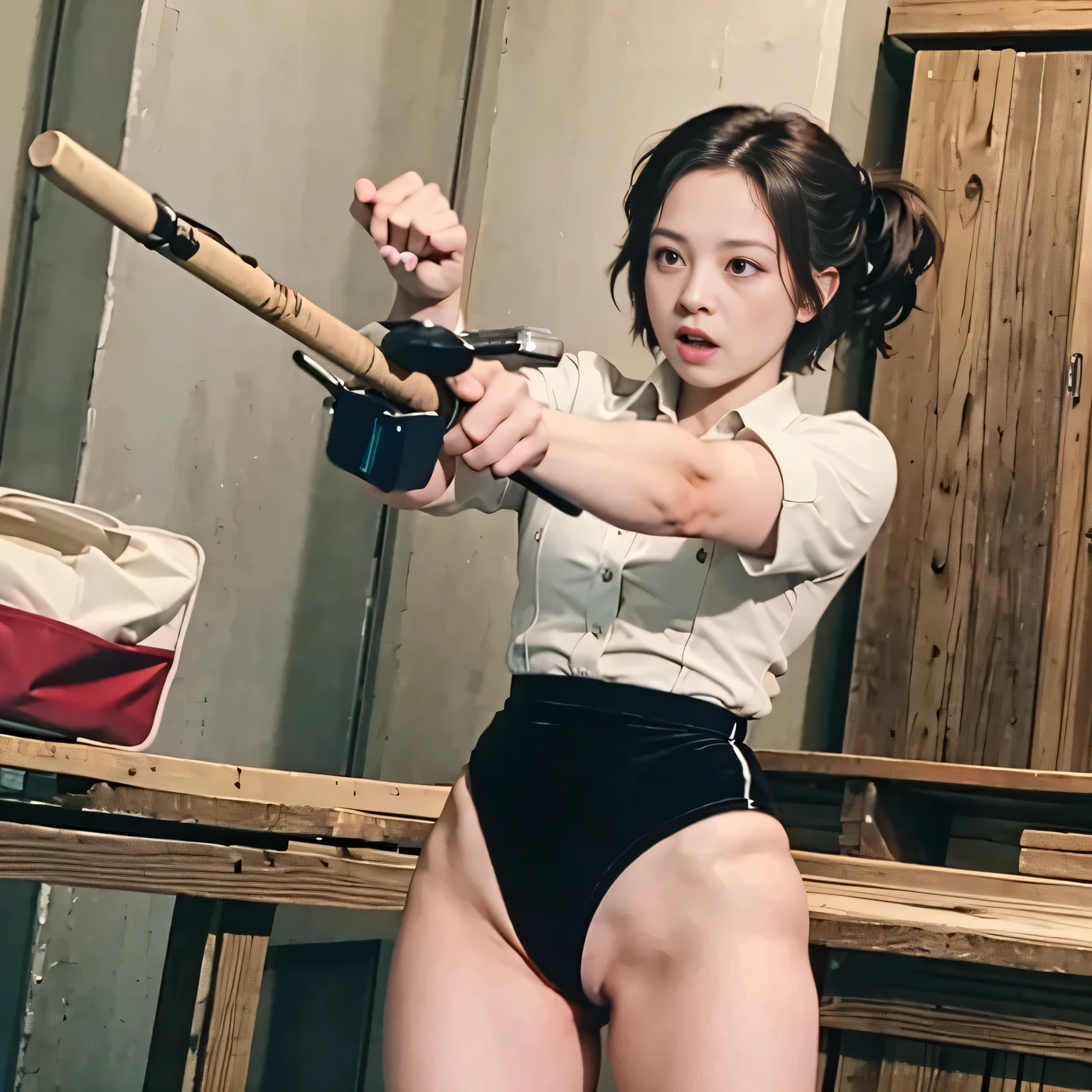 (masterpiece, highest quality), 
1girl wearing a black gymnastics bloomers,high leg,self wedgie, white blouse,Victorian blouse, multiple boys, zombie, scared, :o, motion blur, fighting stance, perspective, holding baseball bat, torn clothes, blood, horror \(theme\), attack, hitting, blood splatter, torn blouse, torn shorts, rotting, old,, masterpiece, best quality, highly detailed