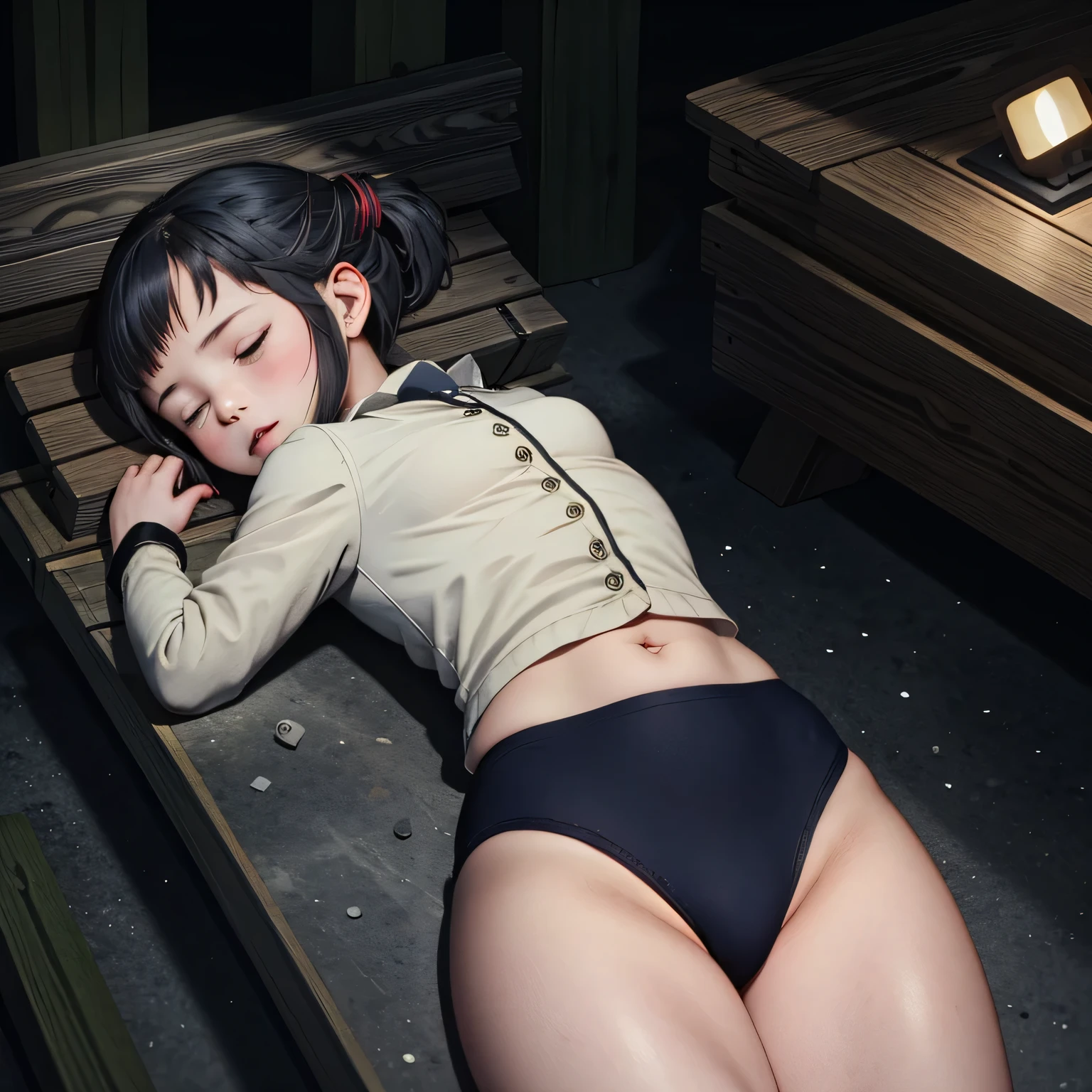 Little　girl lying on her back、Girl sleeping on her back、 black gymnastics bloomers,high leg, Deep in the forest、森の中でGirl sleeping on her back、Moonlit Night、Close ~ eyes、Barbara's corpse wearing a black gymnastics bloomers,high leg、white blouse,In the dark forest、zombie、The body lying down、Solo,closed eyes