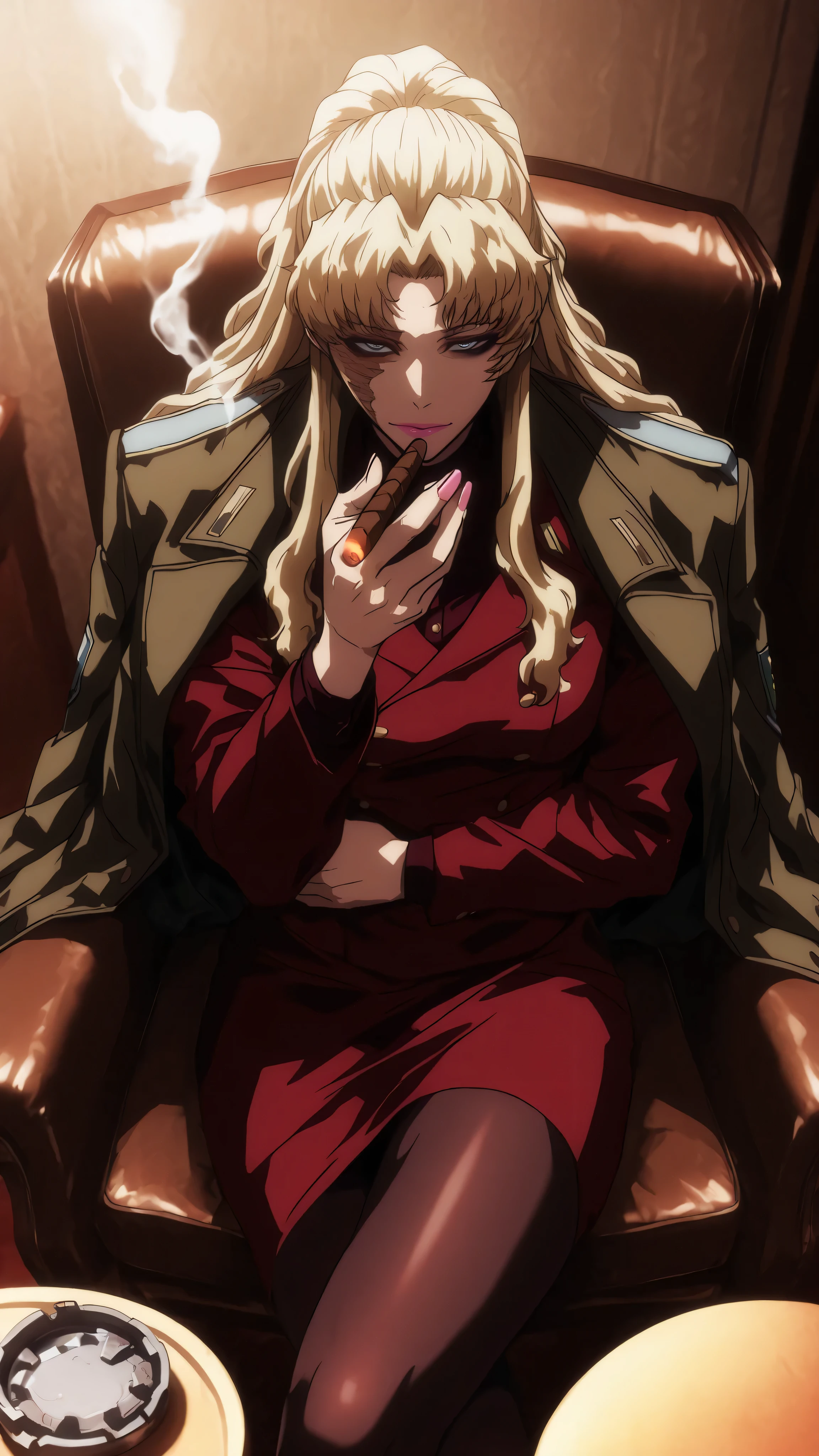 Balalaika, balalaika ( black lagoon) , blue eyes , long blonde hair, Burnt scars on the right side of her face, scar on her face, black eyeliner, pink lips, red long sleeves shirt, red skirt, Black tights,coat on shoulders, light pink nails polish,Legs crossed , blood, Smoke a cigar, Sitting in an armchair, Desk, ashtray , dominant stance, charismatic stance, hands on her waist, good Anatomy, solo leveling style, solo leveling artstyle, morning light, visible muscles through clothes, perspective, good perspective, close up,