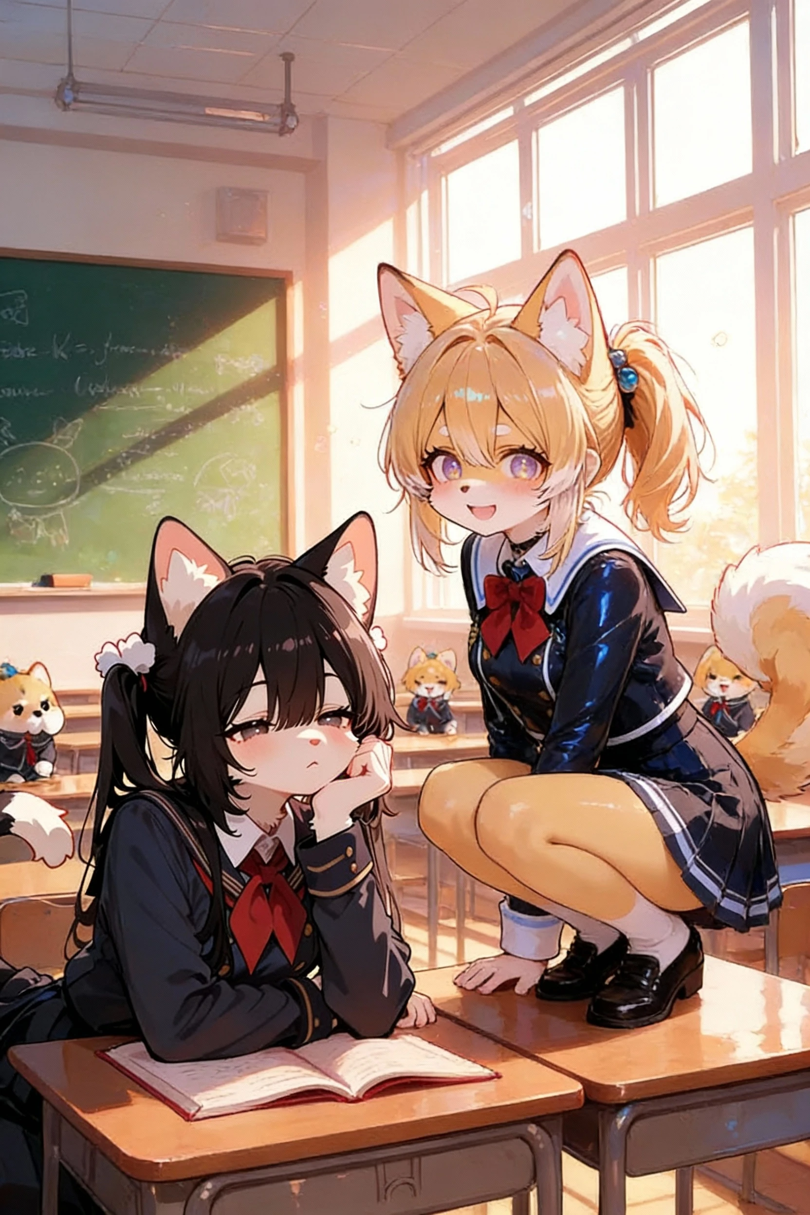 high school girl、Dressed in high 、School classroom、(Big Breasts)、((独奏))、smirk,Cheek resting on hand、Crossing legs