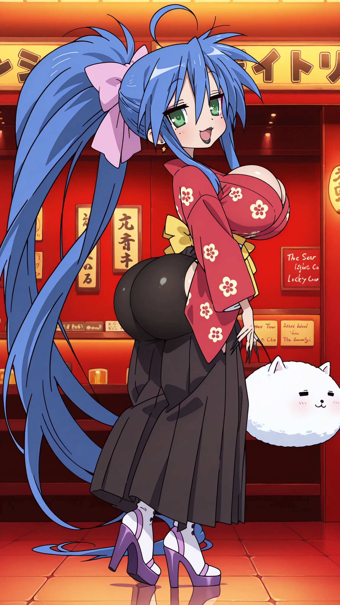 Source_9_up, Source_8_up, source_7_up, source_6_up, source_5_up, Source_BIMBO, Source_Lucky_Star, source  Doujin expressive , source , Masterpiece, best quality, Amazing quality, stunning quality, newest, style amime, anime, anatomically correct, detailed, high detailed, super detailed, textured skin, earring, detailed face eyes and skin, detailed face and eyes extreme detail, skin detailed, brillant skin, Dynamic skin, Style Kawaii, Dynamic lightning, surreal, 8k wallpaper, stunning quality, masterpiece, anime screencap, anime coloring, official art,  BREAK
 , striding towards the viewer,
1girl, solo, konatai, Konata Izumi, 1girl, blue_hair, long hair, absurdly long hair, ponytail, pink bow on hair, green_eyes, makeup , strong lipliner , heavy eyeliner , false eyelashes, lip gloss, black lipstick, huge lips, lip filler, bimbo lips, super long nails, perfect spherical , fake ,  implants,  bigger then head,  Huge Round , wide  , wider then rest of body, fake , huge lift up , massive shelf , shelf-shape , super thicc thighs, massive thighs, massive wide , muscular legs, slutty_clothes,  wearing vulgar clothes, sluty yukata, red kimono, sidecut hakama, sash, cleavage, sideboobs, high , dress cut out on , (high heels), tippy toes focused Ultra high platform STILETTOS, ballet-boots, sluty and  appearance,  looking at the viewer, from the side , the smile, blush, :D, fullbody shot