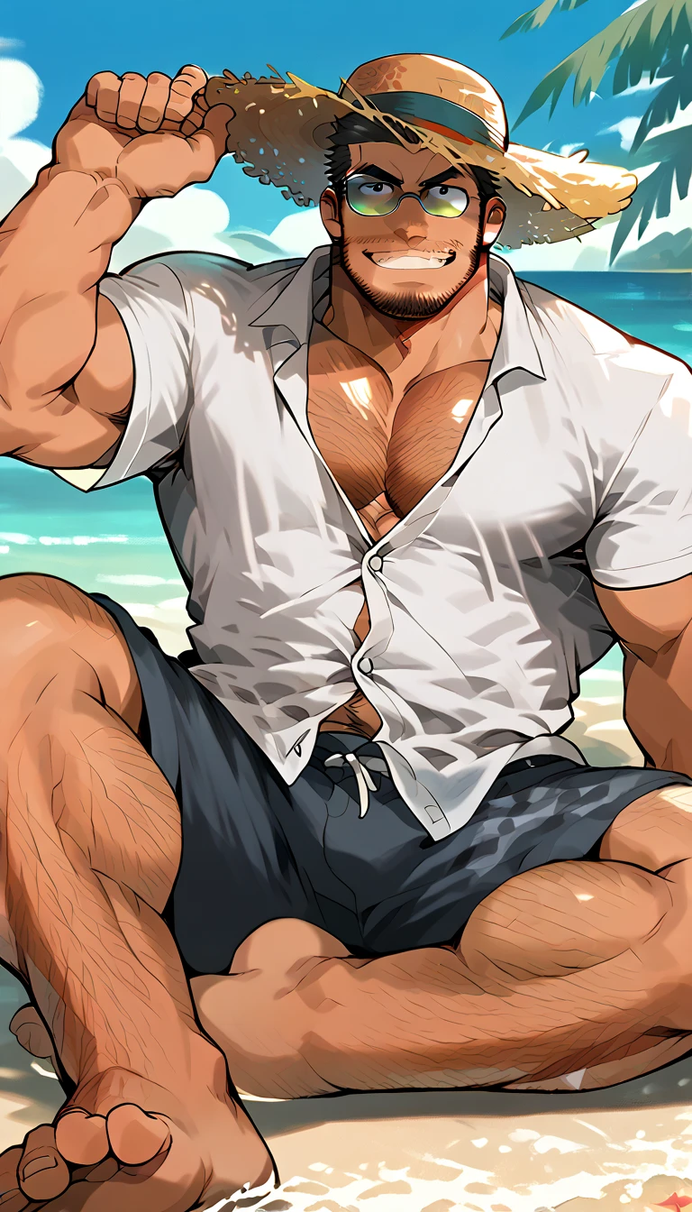 Tiger, furry, male, adult, muscular strong man, particularly developed muscles, large  muscles, developed abdominal muscles, perky , thick legs, white , ((raised )), (((huge ))), (), (((open beige shirt))), standing on the beach, legs spread apart, sunny, morning, ultra-fine depiction, ultra-high image quality, thick coating style, exquisite details, perfect body, accurate body depiction, , accurate facial depiction, fine background, blue sky and white clouds, summer beach style, gorgeous light and shadow, best depiction effect, 4K ultra clear