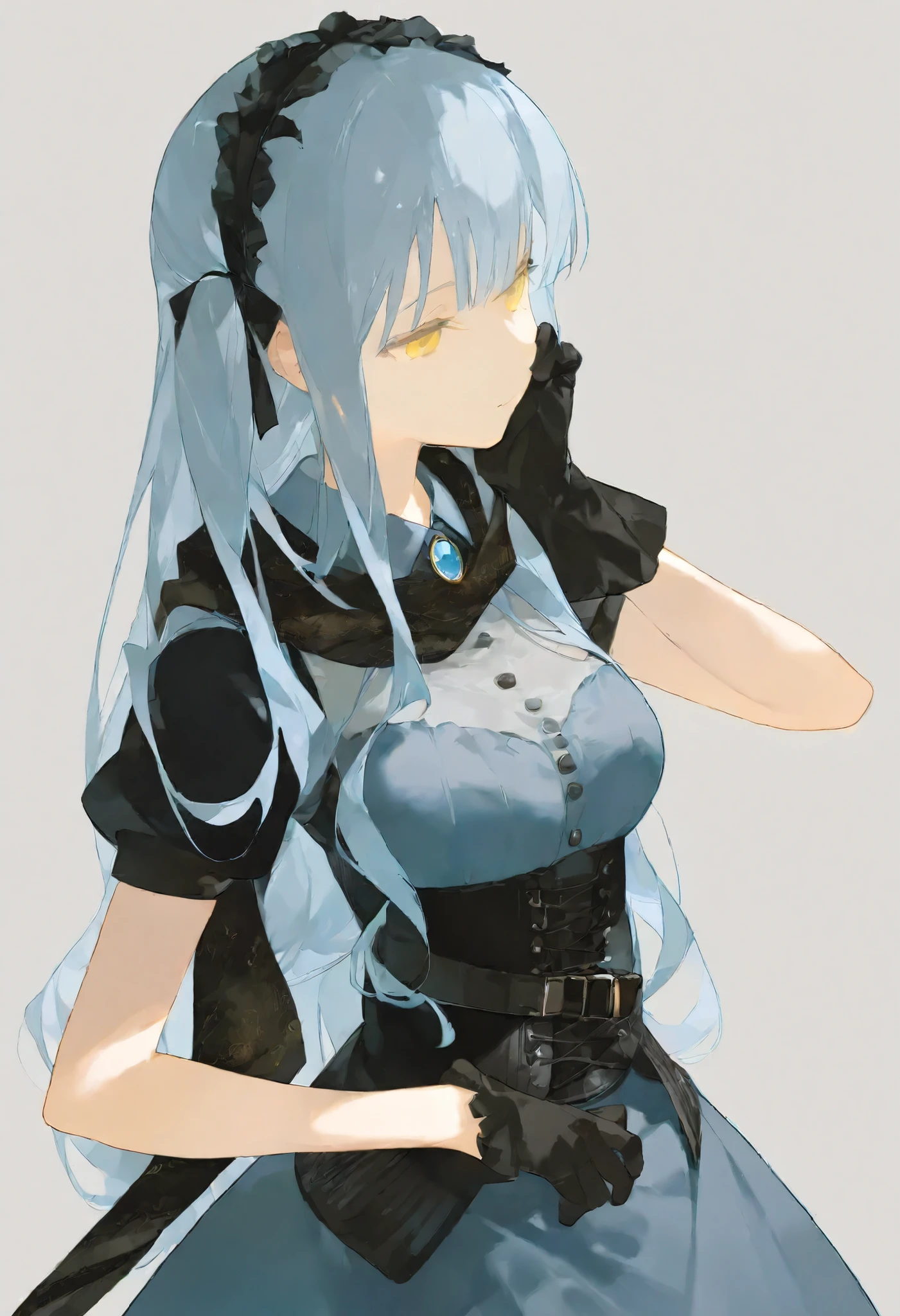 1girl, character: Togawa Sakiko , character: From Oblivion \(bang dream !\), Alone, Simple Background, White background, boca abierta, side locks, two fried eggs on both sides, headband, medium breasts, collared shirt, black gloves, puffed short sleeves, black belt, black corset, hand on your own cheek, black scarf, Blue brooch