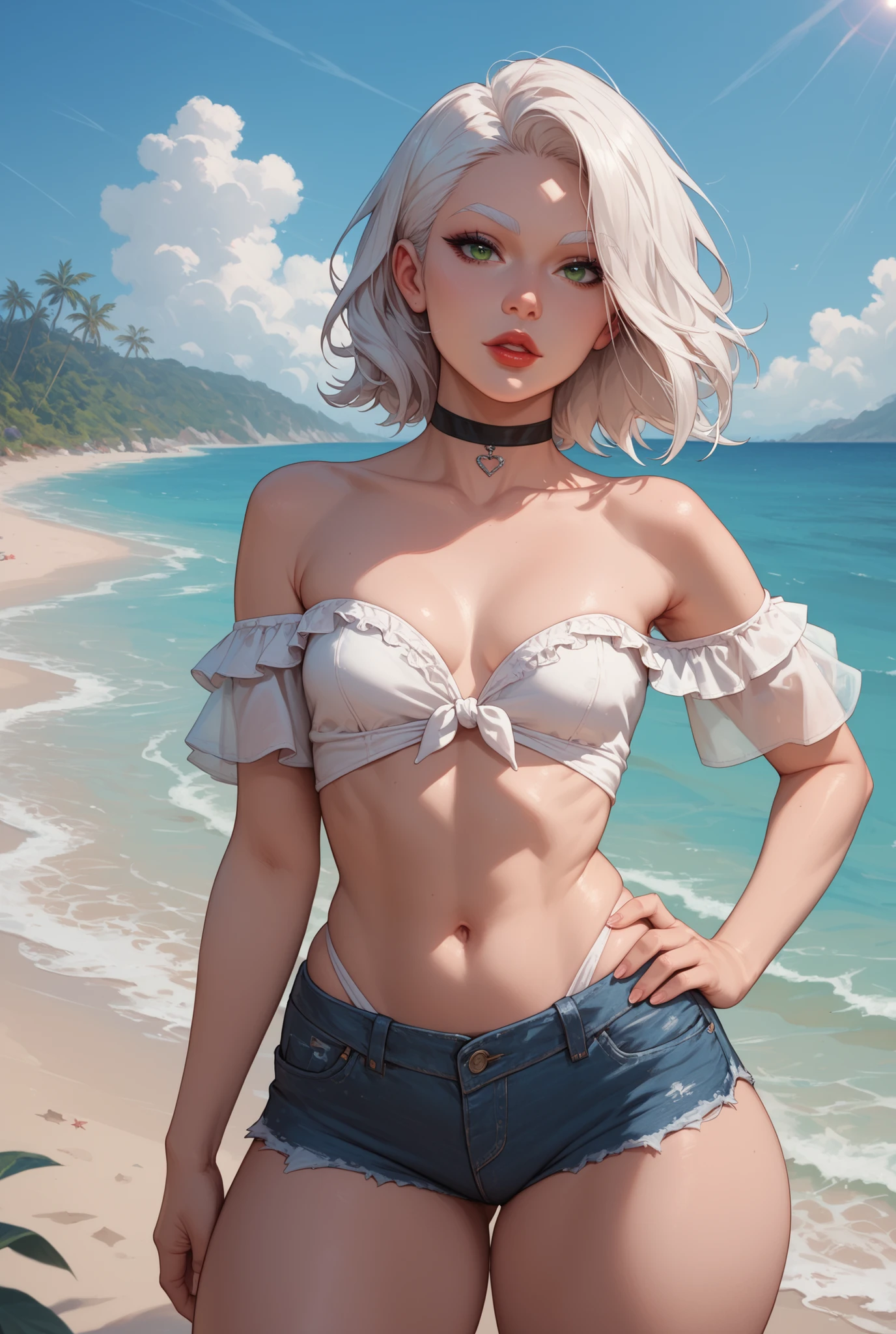 1girl, looking at viewer, (perfect face), cleavage, collarbone, small breasts, navel, (thick thighs:1.3), off shoulder, panties, jeans, (short shorts), denim, choker, standing, (hand on hip), white hair, ((medium hair)), white eyebrows, thin eyebrows, green eyes, black eyeliners, nose, parted lips, red lips, blue sky, beach, sun, beautiful beach