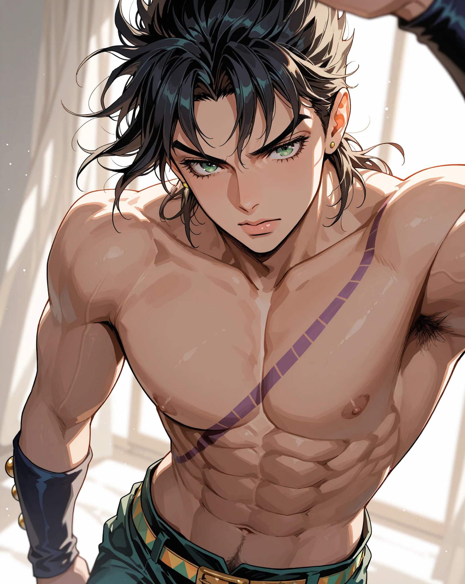 masterpiece,best quality,high quality,extremely detailed,(male austere handsome one solo adult age 30 years old:1.5),(purple eyes, cool with suspended eyes), body strong and fearless 8.5 head tall and 185cm tall,(well-groomed black hair short hair to neck:1.4), (bangs parted in thirds:1.4), (pectoral and rectus abdominis:1.3), slender nose,  muscles, (saltwater pants:1.3), (hand on neck:1.3), (scowling smile:1.3), (taking a dip:1.3), (stylish pose), (background summer waterfall and forest:1.3), (blue sky), (upper body:1.3)