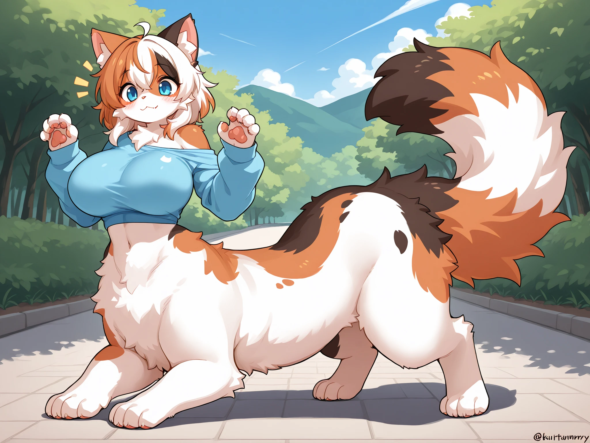 source_furry, best quality, highres, detailed character, detailed clothing, (masterpiece, detailed:1.2), 1girl, anthropomorphic calico cat, anthro calico cat, blue eyes, Taur, calico cat Taur, full body, blue long sleeved crop top, solo, fluffy, large breasts, kemono, cute, exposed shoulder, cat mouth, :3, closed mouth, full body, excited pose, fluffy tail, outdoors