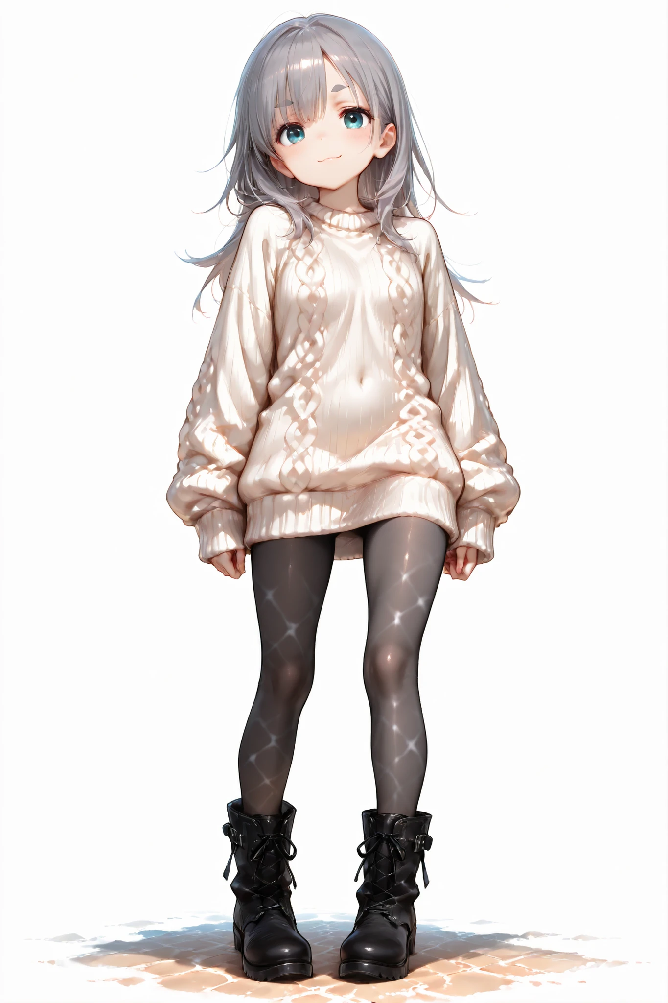 Shiny skin, Babe, character.
masterpiece, best quality, ultra detailed, high resolution, 8k, caustics, super detailed skin perfect anatomy, dynamic lighting, elaborate eye depiction, beautiful detailed eyes, a cute anime girl.
dark ash gray long hair, thin neat model eyebrows, gentle eye, slight sharp shape, cyan eyes, small nose, soft smile, petite body, slim body, skinny figure, flat chest.
cinematic angle.
# outfit.
white fluffy knit sweater one-piece.
black 80-denier tights.
fur-textured short boots.standing. dynamic pose.white background.