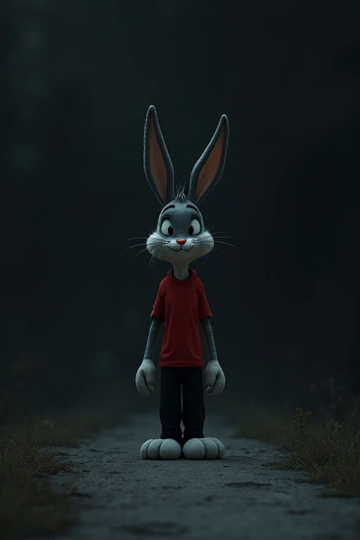 Create an image of Bugs Bunny wearing a red shirt and black pants very sad crying walking alone on a solid path with a dark background
