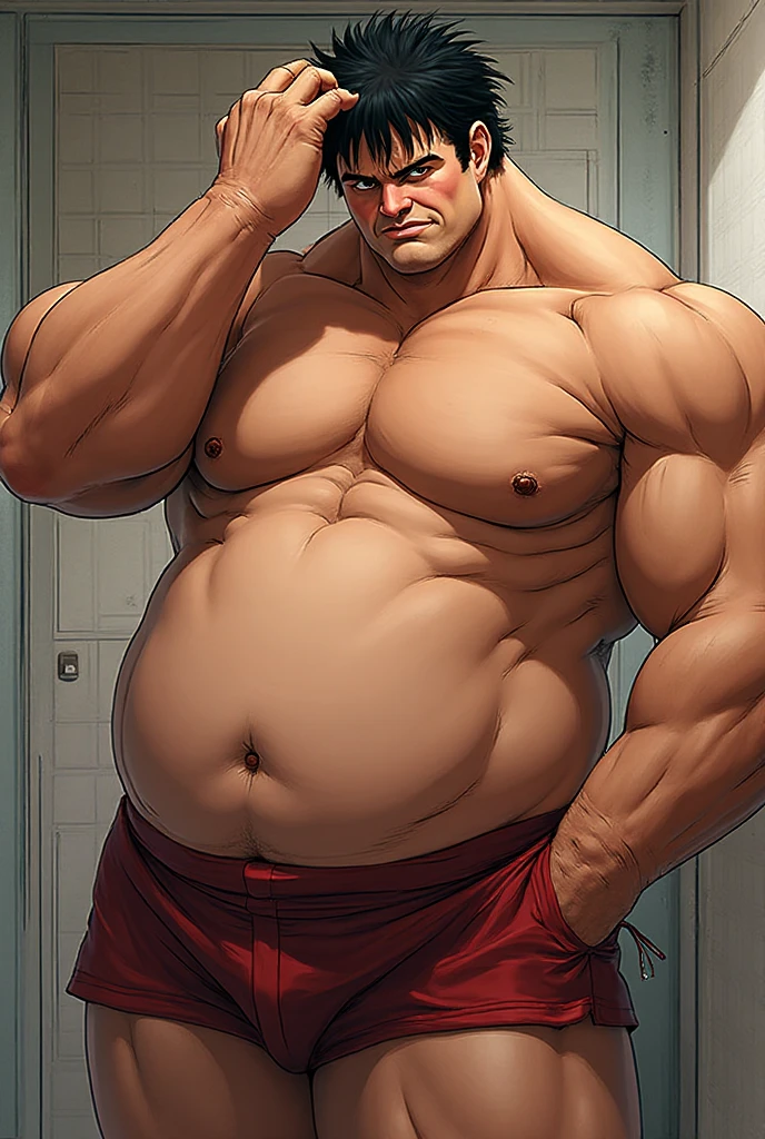alone, looking at viewer, blush, short hair, 1boy, navel, jewelry, underwear, full body, male focus, thighs, stomach, muscular, scar, thick thighs, underwear only, ring, thick eyebrows, pecs, muscular male , towel, bara, scar on face, hairy, big pecs, bulge, topless man, chubby, cigarette, smoking, hairy man, belly, male underwear, fat, towel around neck, scar on arm