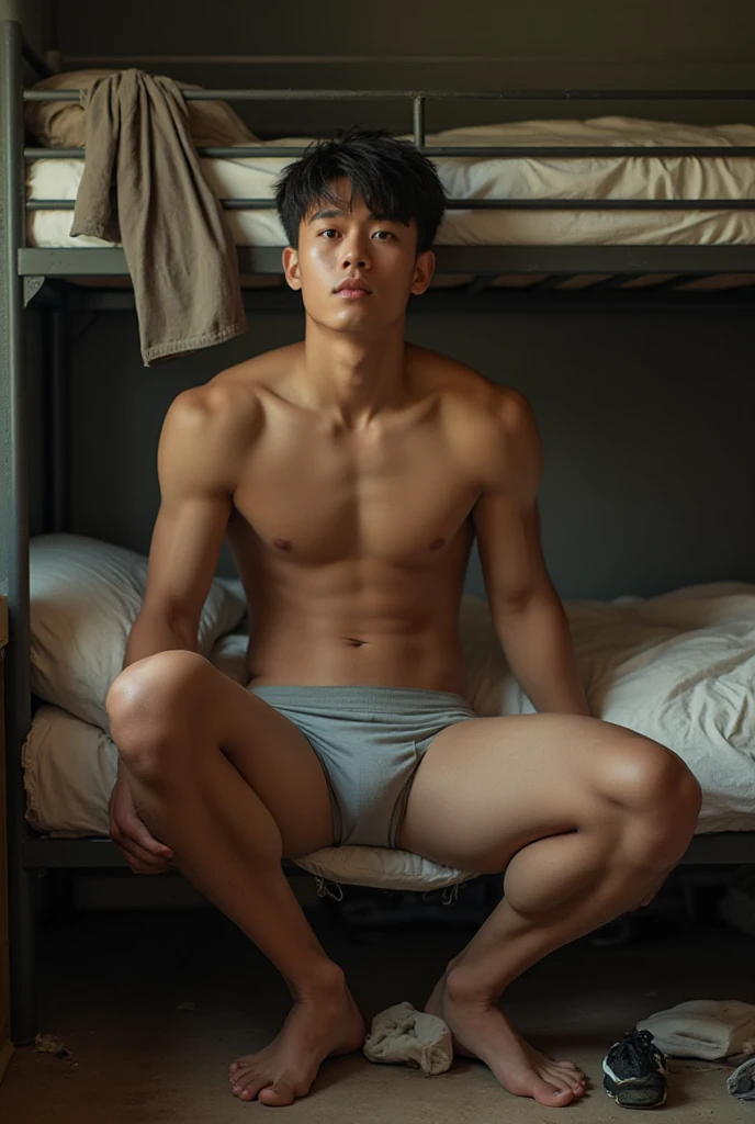 Young Thai teenage boy sunbathing on a canvas bed on the beach with strong sunlight. Seaside beach with coconut palms and trees. Young man wearing boxer shorts swimming in beautiful colors.