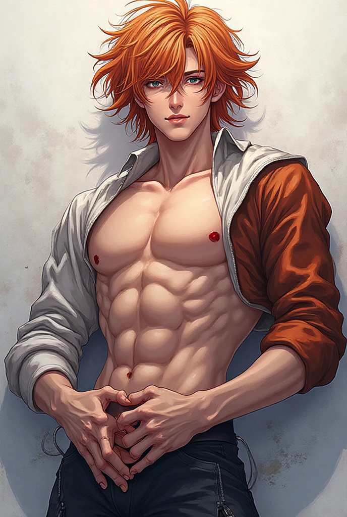 (hyper-realistic digital illustration), like a renaissance sculpture, extremely handsome boy wearing micro black tiny , black , front view, lying on his back, holding legs raised, athletic body, (white skin), bare , flat ,(long orange hair scruffy ), serene expression, small waist, muscular. best quality, high-resolution