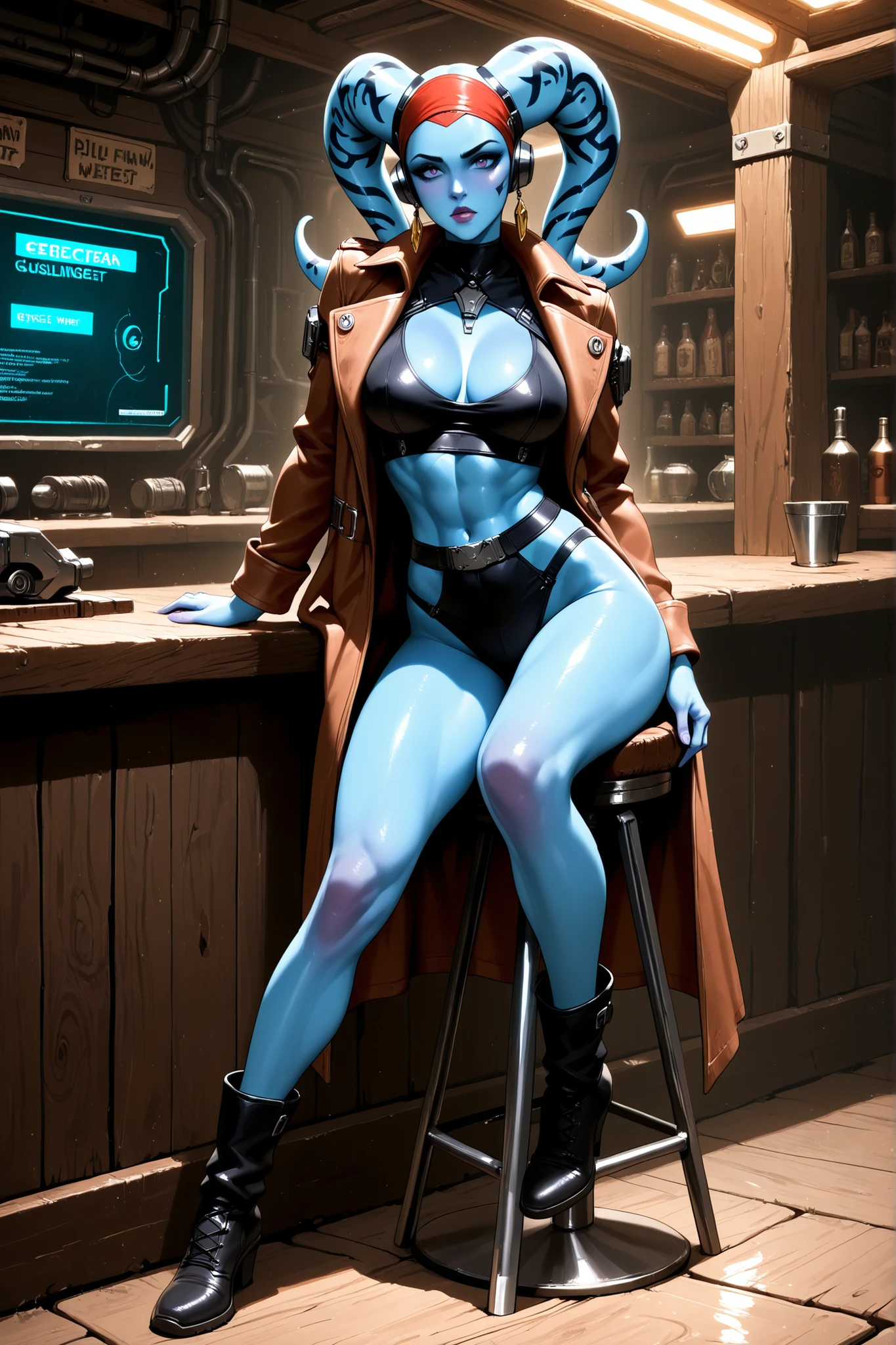 beautiful feminine lean twi'lek female gunslinger, blue skin, Athletic Well Toned Body, futuristic gunslinger outfit with a coat, sitting at a barstool at a scifi bar, Beautiful Face, sci-fi theme, wild west theme, comic Theme, Digital Art, Extreme Detail, 4k, Ultra Hd, Polished, Beautiful, Hyperdetailed, Intricate, Elaborate, Meticulous, Sharp Focus, Digital Illustration, Sensual Pose, Suggestive Pose, Lewd,, Full Body Shot, anatomically correct
