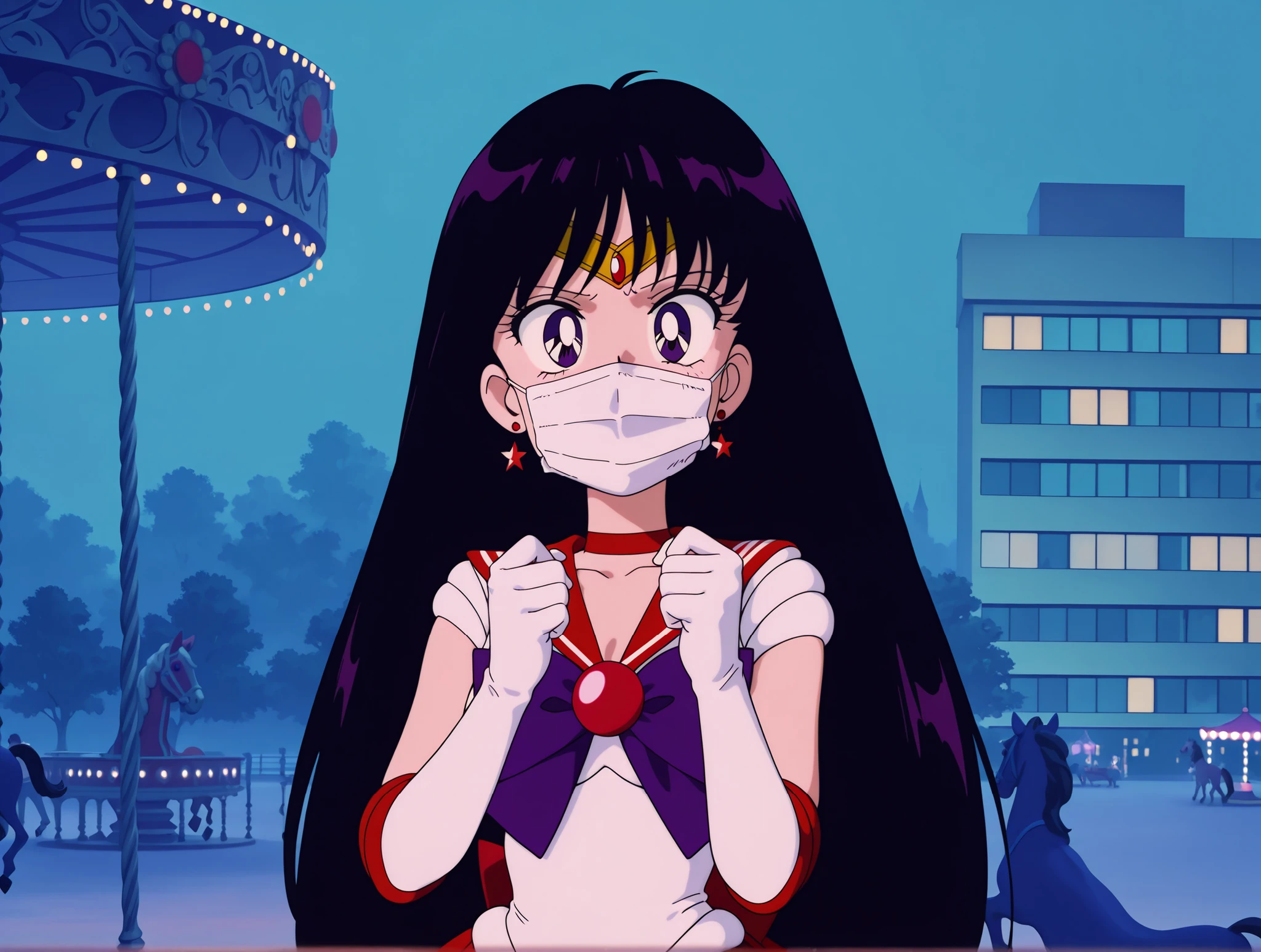 masterpiece, amazing quality, best quality, ultra-detailed, 8K, illustration, ultra-detailed-eyes, soft skin, very awa, very as2, soft body, 1990s \(style\), official art, solo, upper body, hino rei, black hair, long hair, purple eyes, parted bangs, small breasts, tiara, earrings, red choker, red sailor collar, purple bowtie, white shirt, elbow gloves, white gloves, pleated skirt, red skirt, sailor senshi uniform, surgical mask, night, outdoors, building, carousel, park