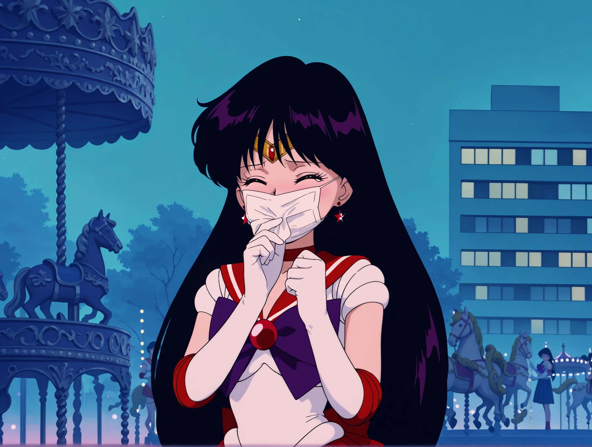 masterpiece, amazing quality, best quality, ultra-detailed, 8K, illustration, ultra-detailed-eyes, soft skin, very awa, very as2, soft body, 1990s \(style\), official art, solo, upper body, hino rei, black hair, long hair, closed eyes, parted bangs, small breasts, tiara, earrings, red choker, red sailor collar, purple bowtie, white shirt, elbow gloves, white gloves, pleated skirt, red skirt, sailor senshi uniform, surgical mask, cough, night, outdoors, building, carousel, park