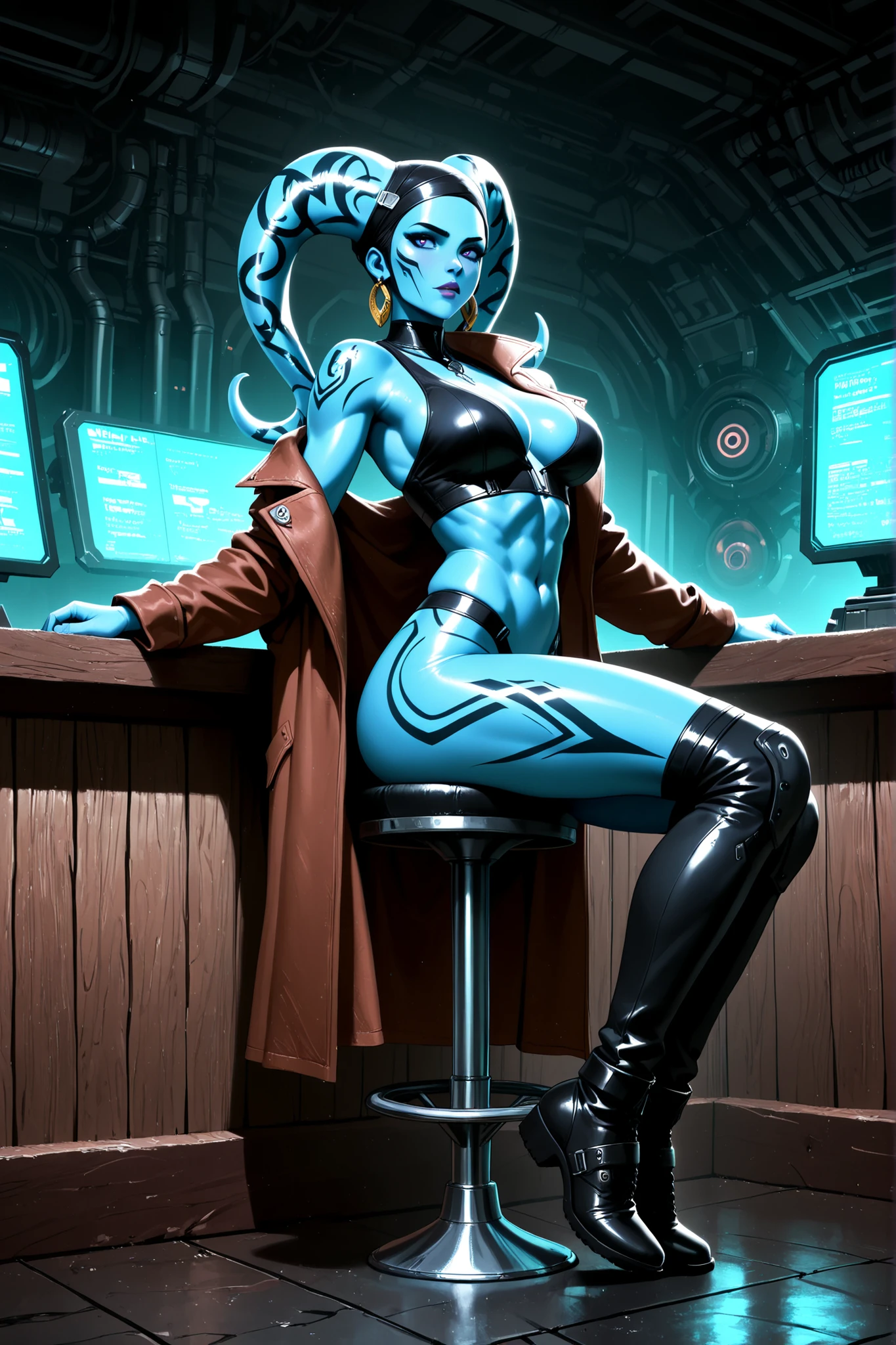 beautiful feminine lean twi'lek female gunslinger, blue skin, Athletic Well Toned Body, futuristic gunslinger outfit with a coat, sitting at a barstool at a scifi bar, Beautiful Face, sci-fi theme, wild west theme, comic Theme, Digital Art, Extreme Detail, 4k, Ultra Hd, Polished, Beautiful, Hyperdetailed, Intricate, Elaborate, Meticulous, Sharp Focus, Digital Illustration, Sensual Pose, Suggestive Pose, Lewd,, Full Body Shot, anatomically correct