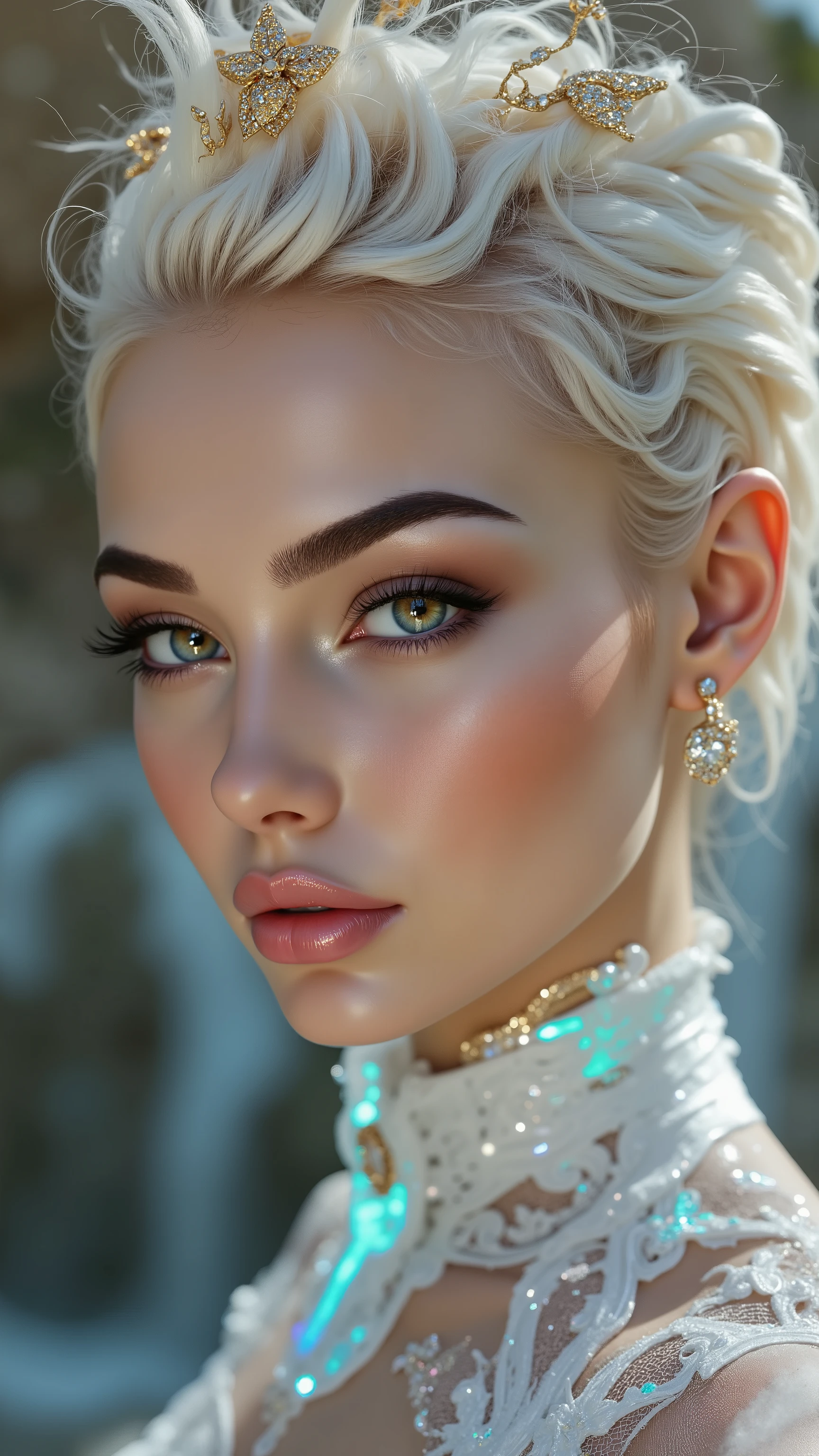  [Style: "masterpiece, realistic, (photorealistic Realism), UHD, Hyper high resolution" - "(Hyper quality, intricate ultra-detailed digital art)"] (Key Directive: - ("The priority is the anatomical accuracy and texture of the materials" - "Ultra-sharp human eyes with biological accuracy") { "Eyes: (acid-resistant terminology) (macro-details:1.5): * Moist corneal surface (visible aqueous layer:1.2) * Hyper-detailed iris stroma (brown with gold flecks) * Precise limbal ring (slightly darker pigmentation:1.1) * Pupil micro-texture (irregular edge authenticity:0.9) * Vasculature in sclera (subtle red veins radiating from limbus)" - "Lashes: blue individual synthetic fibers (crosshatched roots:1.2, clump-free separation)" | Hair: "white braid with split-end realism (neon light diffraction patterns)" | Pose: "combat-ready stance (biomechanically plausible spinal twist)" Technical Specs: (Optics: - "Zeiss Otus85mm f/1.4 lens (eye refraction calculations:1.3)" - "Shutter Speed:1/500 (freeze eye micro-movements)" - "Focus Stacking:7-point coverage on iris plane") (Post-Processing: - "Frequency separation for skin vs eye details" - "Selective sharpening: eyes200%, hair80%" - "Denoise: luminance20, color35 (retain corneal speculars)") (Avoid: "pupil distortion, uncanny valley asymmetry, plastic-like wetness") a fairytale-like picture , beautiful princess님, full body photo, A well-drawn fairy tale, beautiful princess, , a fairytale-like picture , Detailed description, A well-drawn fairy tale, Vivid expression , Detailed facial features, Luxurious Outfit, colorful jewelry, graceful posture, Fantastic Backgrounds, magical atmosphere, Sophisticated contrast treatment, Detailed texture expression, Precision drawn with expert craftsmanship, Vibrant colors, HDR effect, Professional lighting, Studio quality, Detailed texture expression,(Rendering engine: "Unreal Engine 5 path tracing, 16K texture maps") }