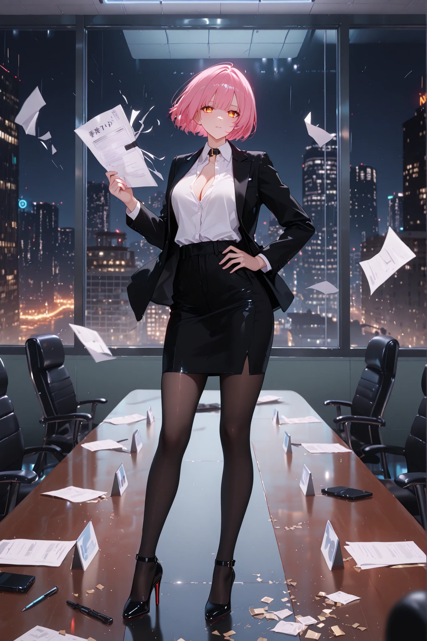 (2D anime style illustration, Illustrious style.ultra detailed, cinematic lighting, 4K)
Nighttime city rooftop scene.
A young woman stands on the edge of a tall building rooftop, overlooking a sea of glowing city lights and distant police-like siren lights below.
She has bright pink bob-cut hair and deep vivid orange eyes with a sharp, confident gaze.
Her expression is half playful, half dangerous, as if she could flip the whole city upside down if she felt like it.
She is wearing a slim, well-tailored black suit: fitted blazer, white dress shirt slightly unbuttoned at the collar, no tie, and sleek black dress pants.
The blazer is open and flutters slightly in the wind, hinting at her rebellious attitude despite the formal outfit.
Hands relaxed: one hand tucked casually into her pants pocket, the other resting on the rooftop railing or on her hip in a dominant yet relaxed pose.
Around her, the wind blows stray papers, small banners, or flyers through the air, suggesting recent unrest and street protests far below, but without showing any explicit violence.
Neon signs, billboards, and distant flashing lights paint subtle reflections onto her suit and hair, adding a dramatic, cyberpunk-like glow.
Her overall vibe should feel like: “perfectly suited for a rioter” – a stylish disorderly queen of the city, ignoring all rules yet standing tall in a clean, elegant suit.
Dynamic composition with a low-angle shot, slightly off-center framing, shallow depth of field on the city background. No text in the image.