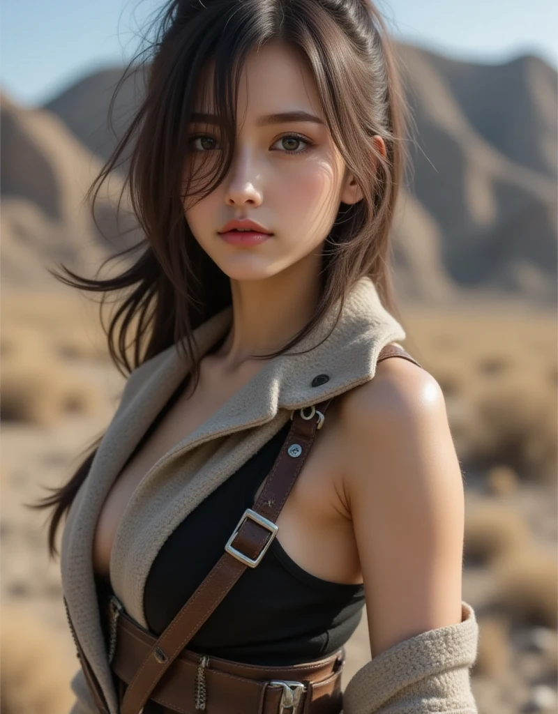 {{NSFW}},((highest quality、In 8K、master piece:1.1))、fisheye lens 、1 woman、Cute 20 year old woman、delicate and beautiful skin、human-like skin、realistic skin feel、複雑な色hair of、complicated hairstyle、gloss々hair of、Tie your hair to the side、、Forehead、two block、Sheared hair、ear length hair、Put out both ears、Looking at the camera、look at camera、raise your chin slightly、double big eyes、super delicate eyes、super detailed face、high detailed lips、thick lips、Emphasize the face、cool woman、strong woman、Above the chest、Slender body,covered erect nipples,shiny skin,Take a full body photo、feminine toned body、Wild Lady、desert、荒れた荒野に立つWild Lady、military clothing、dirty with dirt or sand、the wind is strong、Hair disheveled by the wind、tanned skin、Wheat-colored healthy skin、Military Shirts、Camouflage pattern underwear、