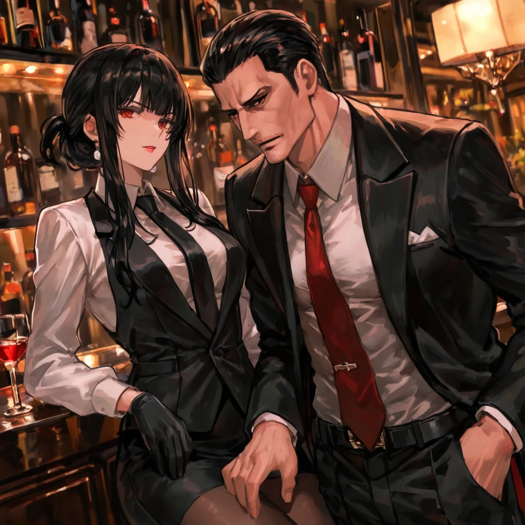 anime character sitting at a bar with a glass of wine, miura kentaro style, stylish anime key look, wearing a black and red suit, red line anime film style, in the anime film, red and black suit, kentaro miura style, today's featured anime yet, black and red suit, shuushuu anime image, offcial art