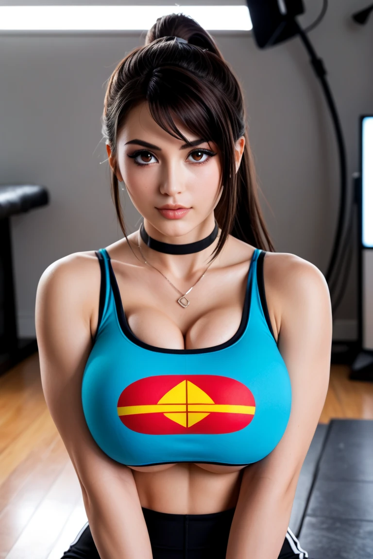 1 girl, standing, beautiful Jill Valentine, 1, Cups, arm warmers,  shorts,big chest, small hips, big ass, medium breasts,capture anime screen, 1, mature appearance,armpits,sweat,sweaty,sweaty armpits,arms up,showing armpits,awesome armpits,blue outfit, brown arm warmers,black arm bands,black arm warmers,slightly tanned skin