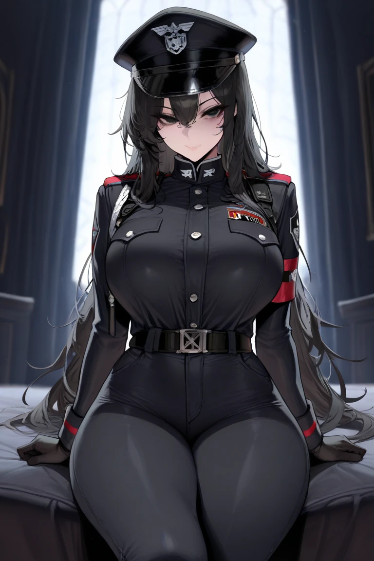 ((Masterpiece, top quality, super definition, ultra definition)), Solo, (Full body), (((only a 27-year-old Gothic woman)), {((official black leather uniform of the German army, wearing a black leather hat of the army))):1.3), ((wearing a black army leather hat)), (((Clear expression of body unevenness)), looking at the camera, (sitting with his back to the wall and bent knees),  female body,  showing ( covered), (( tablets): 1.5), ((large bust):1.5), red eyes, ((black hair bob)), front zoom, horizontal seat, (strong makeup), constricted pupils, black pupils, dark, (detailed hands), ((tall woman)), ((sadistic smile)), sharp focus, dynamic angle, deep shadows, simple background