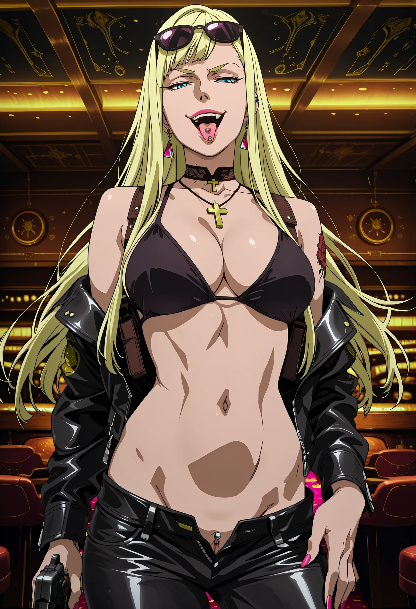 1girl,solo,Andalucia,blonde hair,long hair,blue eyes,earrings,anime coloring,
nail polish, ear piercing, long hair, lipstick,Hot girl, baddie, , bad attitude, mean girl, sensual, attractive, cross necklace, choker,jewelry,,,bar background, inside bar ,indoors, , casino, , jacket , bare shoulders ,, fingerless gloves ,, masterpiece , best quality , highly detailed , a girls with a gun , evil smile , open mouth , sexy gaze , badass pose , evil smile , smile , (nsfw) not safe for work , guns blazing , anime girl with long hair , beautiful long haired girl , navel , evil expression , exposed belly , exposed navel , exposed midriff , exposed lower belly , long black pants , cleavage , unbuttoned leather pants , open fly , low rise black leather pants , leather jacket , holding a gun , holding pistol , , pull_down leather pants , (show off panties , :1 . 2 , no panties) , pull_down long black pants , pull_down black leather pants , zip up leather jacket , bikini top , navel piercing , cross-laced slit , tongue piercing , tongue out , open mouth , clitoris piercing ,, , shoulder holster,, sunglasses on head, medium large Breasts, dragon tattoo on waist, narrowed eyes, tattoo on waist,, anipai_style , anime screencap , anime coloring ,,v-shape eyebrows,,