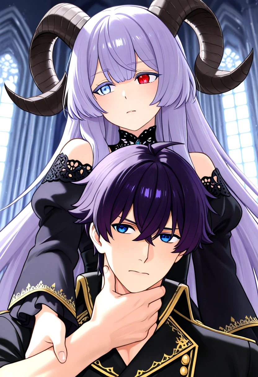 ((Highest quality)), ((masterpiece)), (detailed), （Perfect Face）、The woman is the evil queen Dark Extia, holding a baby, an evil transforming heroine, with medium-long silver hair, wearing a gorgeous evil queen dress with gold embroidery and trim, gorgeous accessories, an engagement ring, and a happy expression as she snuggles up to the man.、The man is the evil king, Naioro, a handsome man with medium-long silver hair, wearing a black  and embracing a woman.、A man and a woman are sitting close together on a luxurious throne、A man and a woman are a deeply loving couple