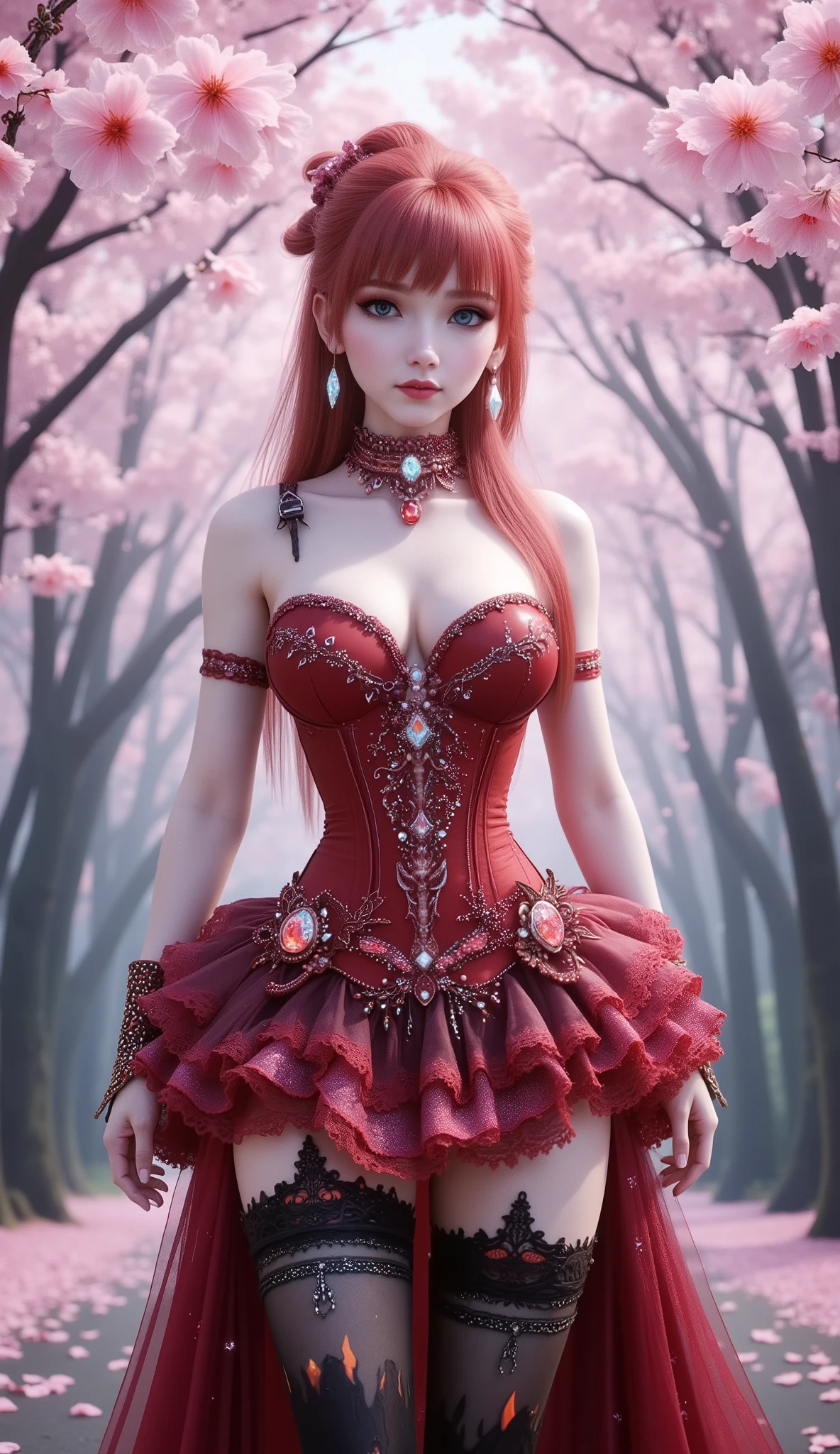 long shot, A futuristic fantasy themed figure stands under cherry blossoms, red hair, wearing a strapless corset-like red dress with a plunging neckline. Her outfit blends gothic elegance with cyberpunk technology, adorned with sparkling gems and intricate magical embroidery. The dress has a structured hourglass silhouette, softly shimmering in pastel colors. She also wears a ruffled mini skirt with a galaxy motif, thigh-high gems, very long and thick lace stockings that reach the crotch with a black lava and flame motif with chain garters, bracelets wrapped around her thighs, and an ornate red crystal necklace around her neck. The overall look is ethereal, celestial, and elegant, the atmosphere of the night, evoking magical guardians from a fantasy world. The lighting is soft, the atmosphere is spring, and the forest background is enchanting.