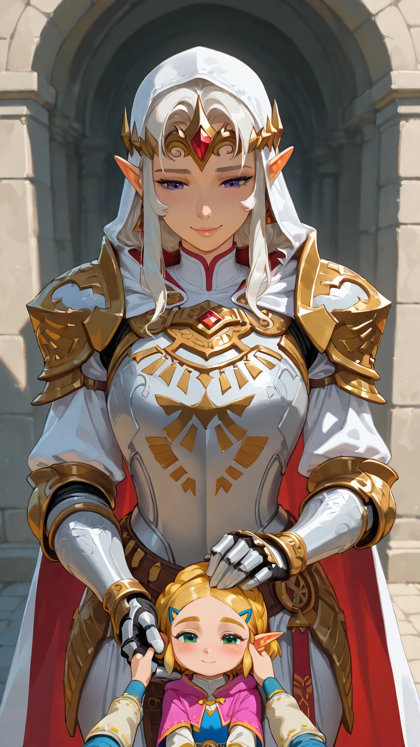 Masterpiece, Best quality, high resolution, Solo, 
1girll, blond hairbl, Yellow eyes, pony tails, Animal ears, Tail, 
Original costume 2, a white long skirt, Armor,  sword, A shield,