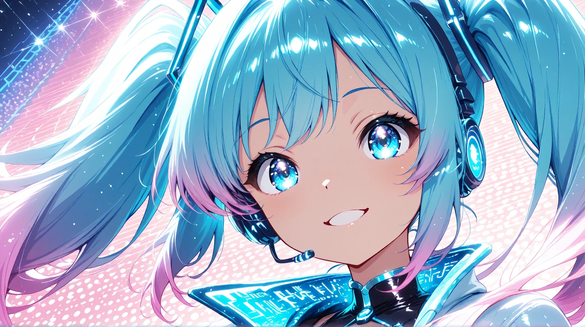 cute futuristic digital singer with long teal twin-tails, soft glowing gradient hair tips, bright shining blue eyes, wearing cyber-style stage outfit with neon lines, headset microphone, smiling, anime style, soft lighting, detailed hair texture, shiny eyes, pastel background, high resolution, clean and cute illustration for icon.