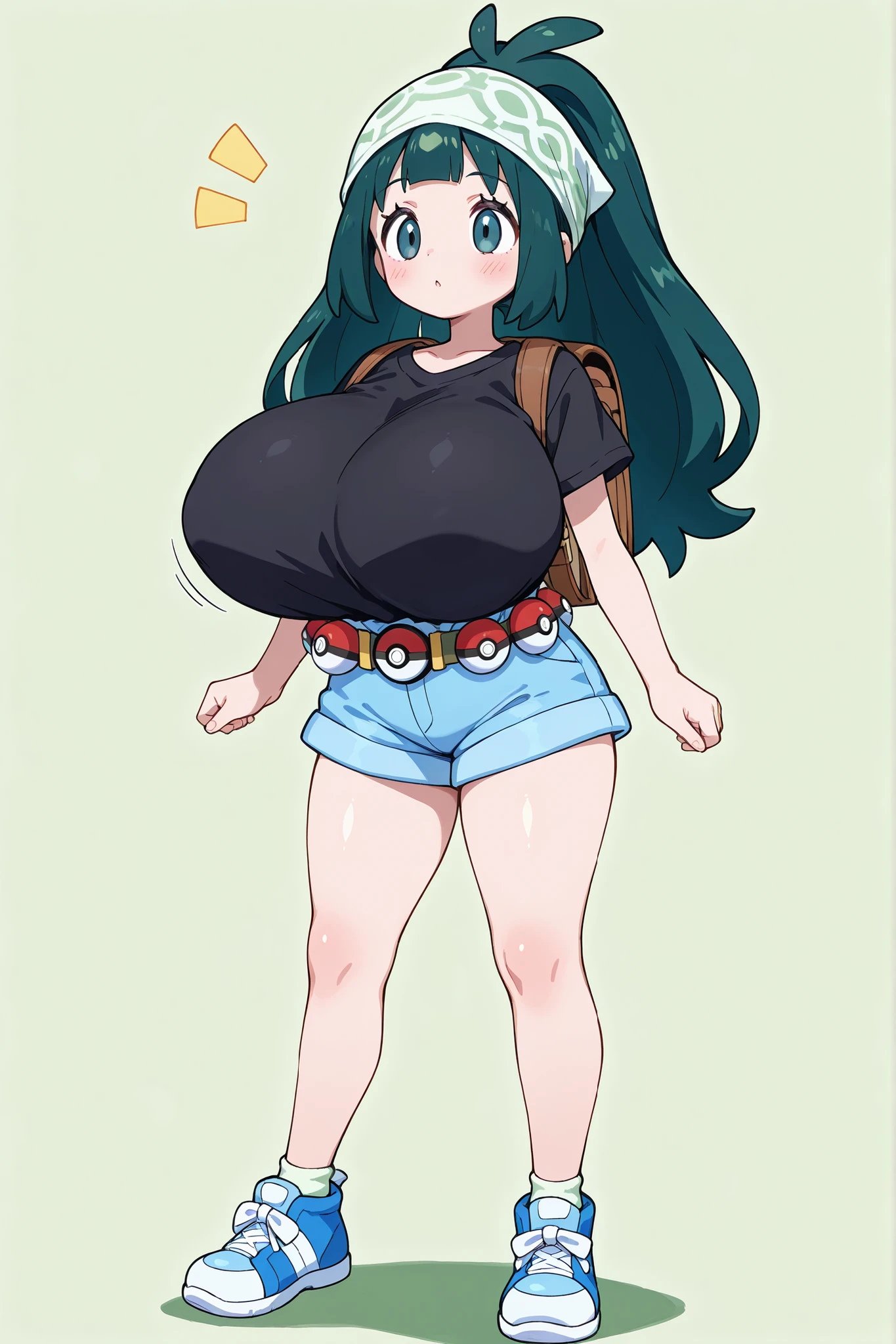 female pokemon trainer, huge breasts, long hair, dark green hair, white green bandanna, brown backpack, black shirt, blue shorts, blue sneakers, pokeball belt, simple background