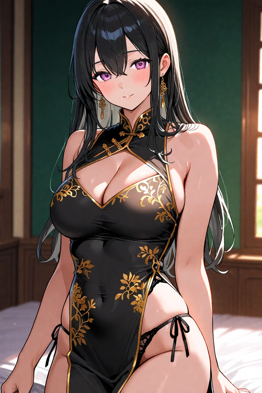 high quality, masterpiece, Ultra Detailed, Bottom View，1 girl,  Extremely detailed facial details,Navel，Black and gold maid costume，maid crown，White wedding tiara，Kneeling on the ground，Plate in hand，Red lips，handcuffs，collar，Calm expression,Smile，handcuffs，collar，Black long hair, Attractive pink eyes, Fox ears, Ridiculously big, glowing skin, Wooden floor，Smoke willow painting bridge，Wind curtain，Jiangnan Town Outdoor Scenery，landscape painting