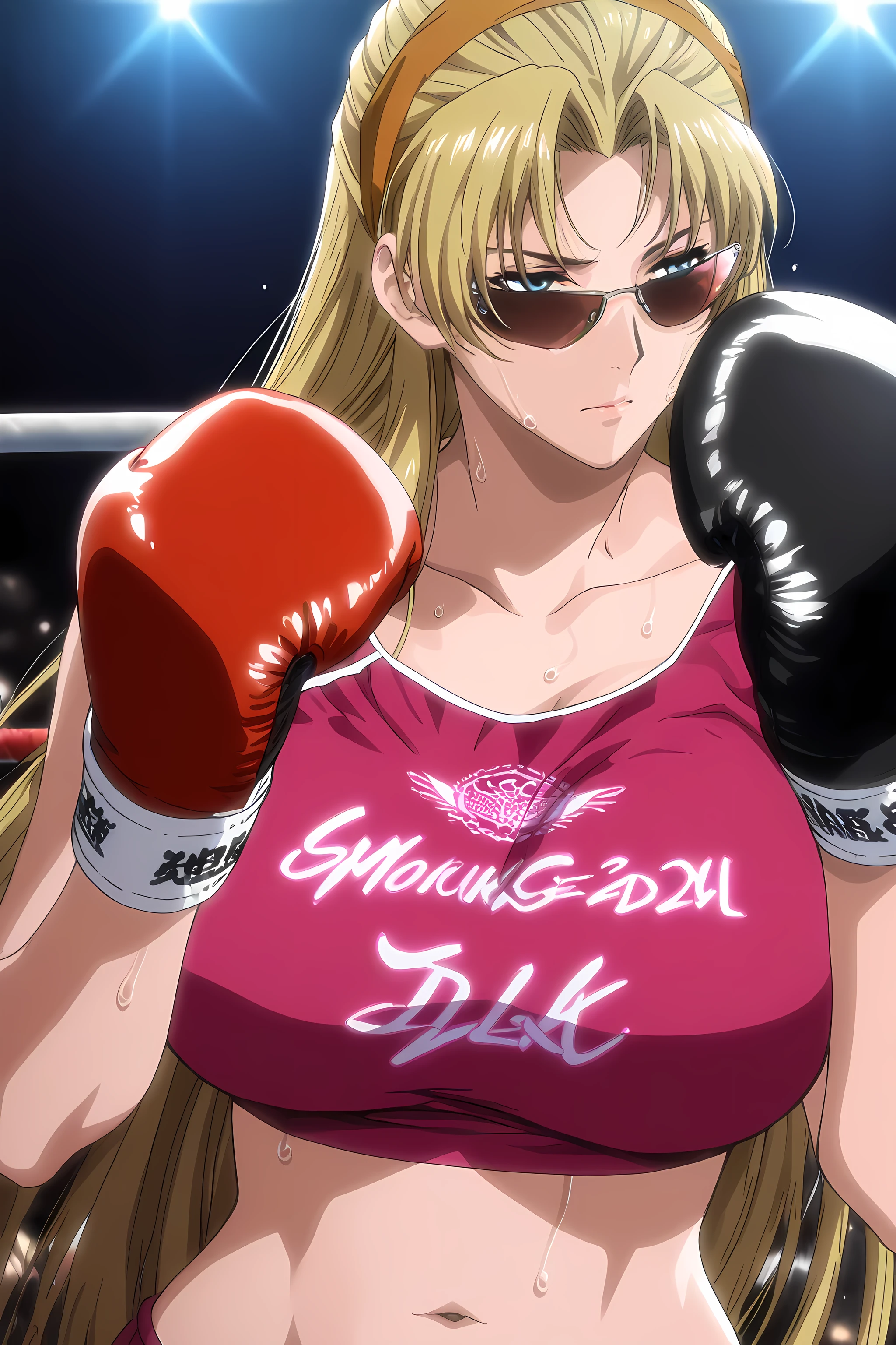 1girl, solo, young mature, <lora:Eda_SDXL_IL_V1:1>,e1d22,1girl,solo,blonde hair,long hair,straight hair,orange hairband,blue eyes,sunglasses,large breasts,pink crop top,clothes writing, boxing gloves,navel, midriff, sweating