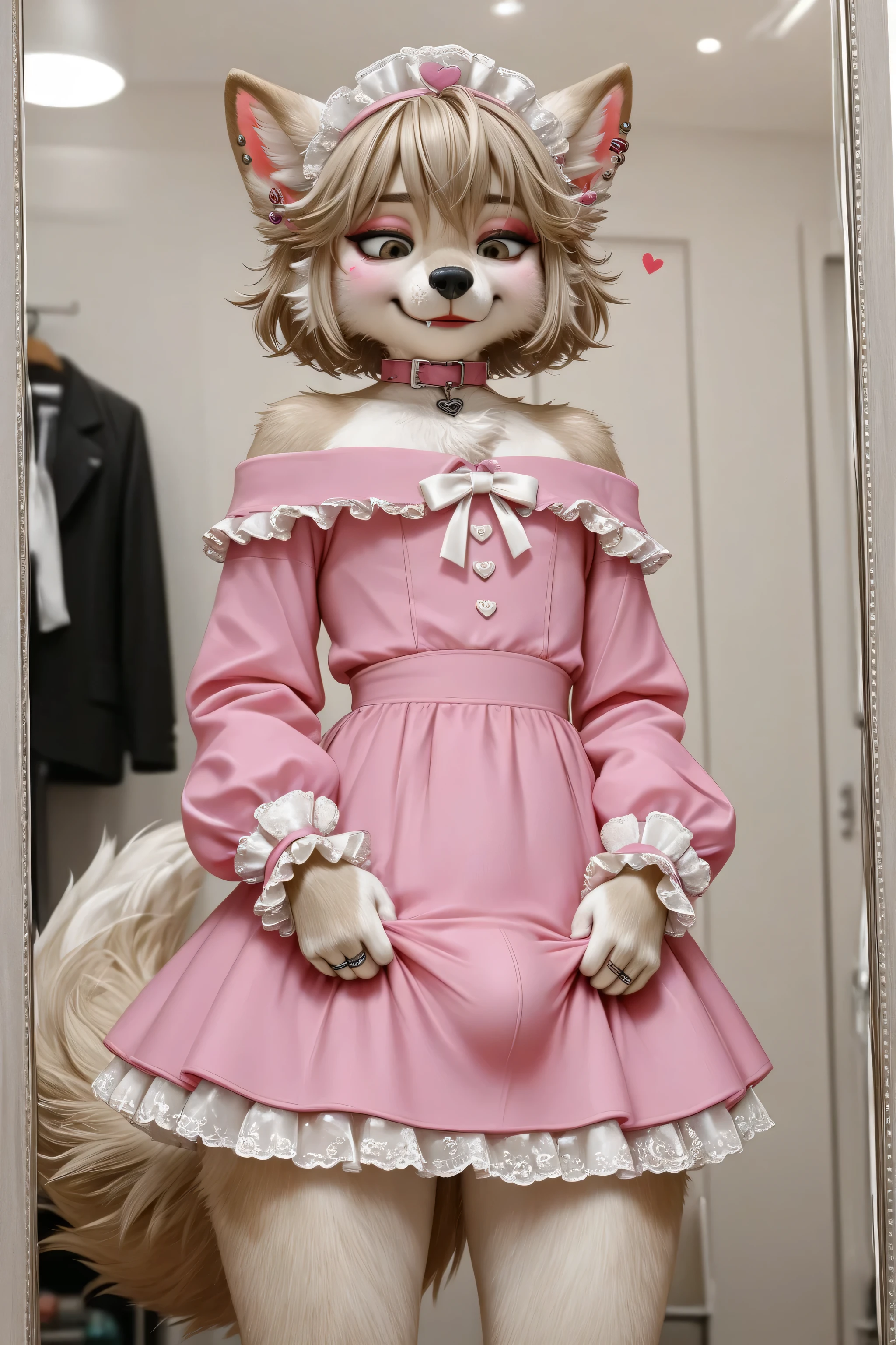 Elegant and clever Furry effeminate wolf,soft frilled shirt,short hair, fabric detailed mini skirt,large bulge appearance on the skirt ,wide mini skirt,looking at down,eyes down,long sleeves,hearts, bow, solo, clothes room,stylish outfits,clothes details,clothes textures,feminine office outfits and suits ,girly long tie with details ,bulge details,fingers details,cgi,deep image rendering,high quality outfits textures,buttons details ,bulge appearance,buttons detailed ,4k upscale,high quality textures ,perfect upscale ,solo,eyes down,waist details under the skirt,girly moves and behaviors, long and soft feminine hair,elegant feminine outfit, perfect crossdressing appearance, very realistic Furry face,tail appearance,eyes details, improve face textures details deeply, rings,earrings,manly arms, rough and strong manly hands,He looks at his bulge carefully,hot breathing, fluffy cheeks,embarrassment face,looks very busy, deep details of clothes textures fabrics,he feeling phenomenal after wearing femmine outfit,feminine clothes fetishism,modern design clothes,charismatic Furry,realistic colors, 4k upscale,high quality details,character best detailing,male furry body features,He looks very fashionable,soft coquette,gender identity disorder,handsome effeminate furry,crossdressing ideas fashionable,He carefully buttoning his shirt,feminine Chest appears prominent,very wide waist,rough face,frilled cuff with details,manly eyes, beige hair color, mirror appearance, wearing front the mirror, realistic reflection of mirror, cute smile, He seems quite satisfied with his appearance, wolf skin, temptation skirt, temptation pose, detailed mouth, detailed nose, eyeliner, girly accessories, hungry lips, red lipstick, he sweat little furry girl, fancy furry girl, girly bussniss, circle glasses, bow on head, off-the-shoulder, nfsw, whore furry, bitch Furry, pulling up the skirt, fancy underwear,