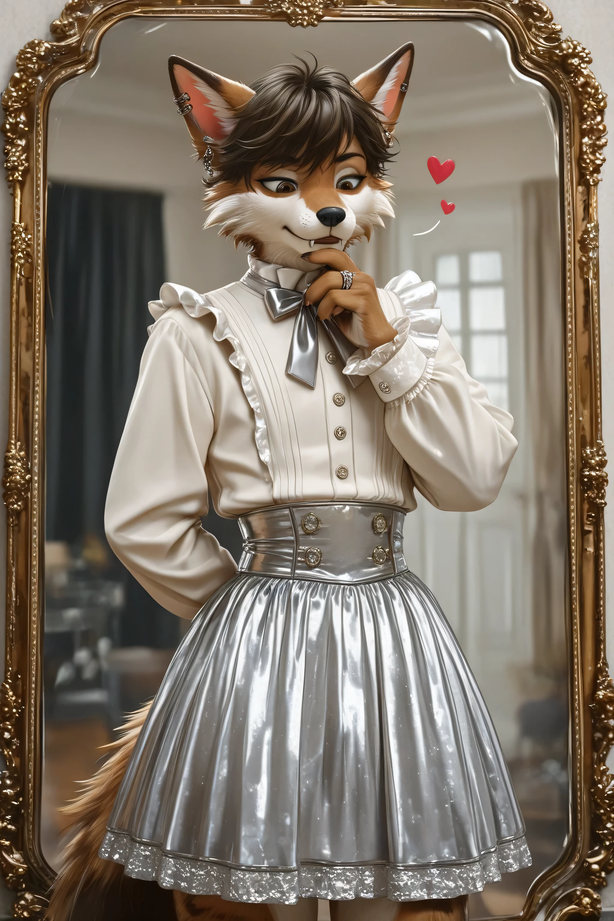 Elegant and clever Furry effeminate wolf with a feminine chest ,soft frilled shirt,fabric detailed Victorian skirt,bulge appearance on the skirt ,looking at down,eyes down,long sleeves,hearts, bow, solo, clothes room,stylish outfits,clothes details,clothes textures,girly tie with details ,bulge details,fingers details,cgi,deep image rendering,high quality outfits textures,buttons details ,bulge appearance,buttons detailed ,4k upscale,high quality textures ,perfect upscale ,solo, He looks at his body with admiration،eyes down,waist details under the skirt,acting like a lady very well,feminine moves and behaviors, long and soft feminine hair,elegant feminine outfit, perfect crossdressing appearance, very realistic Furry face,tail appearance,eyes details, improve face textures details deeply, polite elegant lady pose acting, rings,earrings,manly arms, rough and strong manly hands,He looks at his bulge carefully,hot breathing, fluffy cheeks,embarrassment face,looks very busy, deep details of clothes textures fabrics,he feeling phenomenal after wearing femmine outfit,feminine clothes fetishism,he loving feminine clothes so much,modern design clothes,charismatic Furry,realistic colors, 4k upscale,high quality details,character best detailing,male furry body features,He looks very fashionable ,sexy legs,gender identity disorder, handsome effeminate furry,crossdressing ideas fashionable,beautiful effeminate furry,wearing clothing pose,feminine Chest appears prominent, He looks like he's having fun, very wide waist, rough face, frilled cuff with details, manly eyes, burgundy hair color, mirror appearance, wearing front the mirror, realistic reflection of mirror,cunning cute male smile, fangs, He does girly things,high quality decoration details, silver skirt and elegant, arm hidden behind the back,temptation Victorian outfit, eyeliner, exposed back, butt details, kiss on air, flying kiss from furry, hand on chin, focus on butt and back