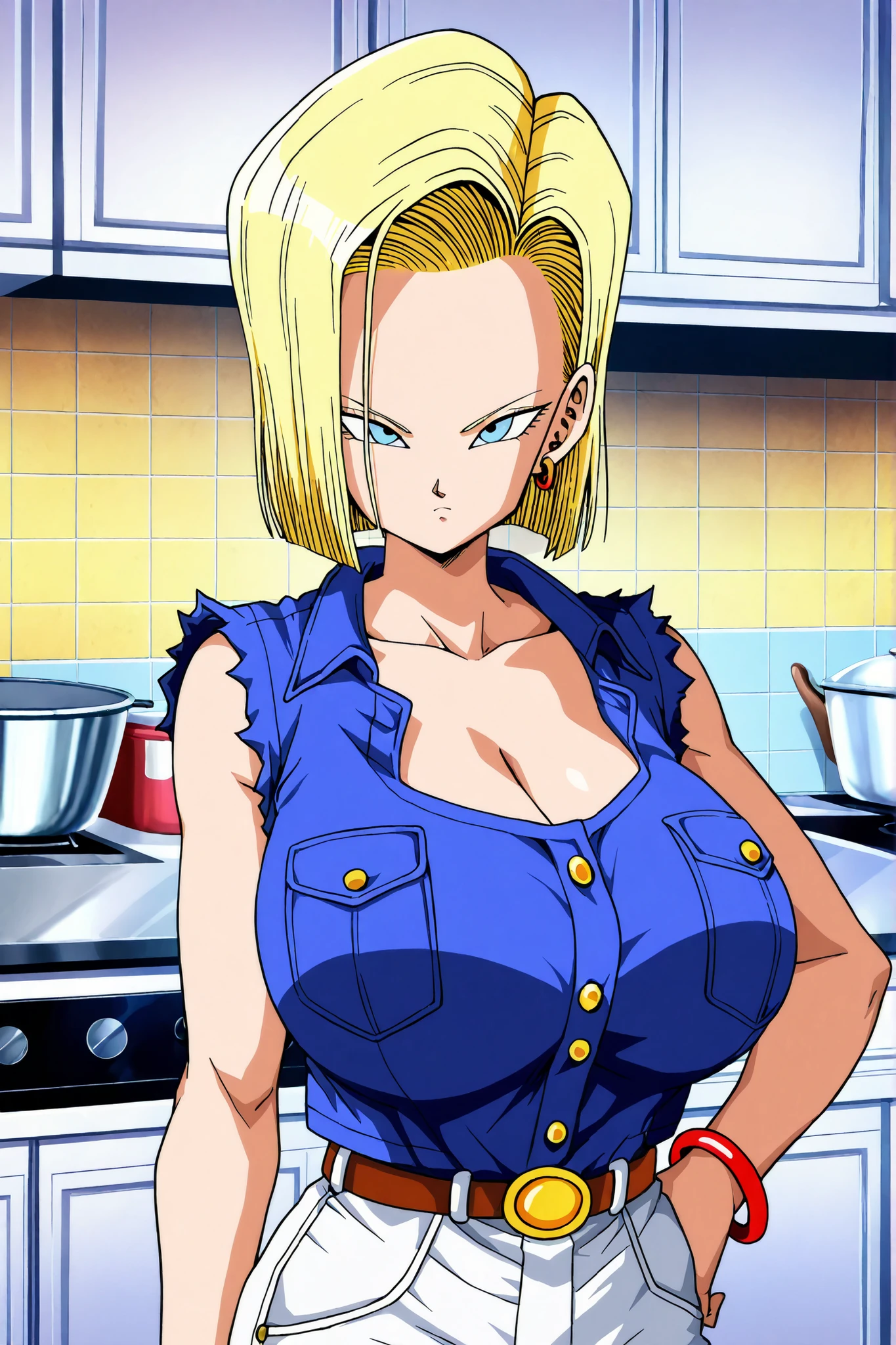 detailed background, ultra-detailed, 4k, 8k, best quality, masterpiece, anime screencap, high quality, official style,
android 18 , 1girl, blue eyes, extremely short hair, , upper body focus, frown, (huge breasts:1.3), very thin body, denim shirt, red bangle, white jeans, red earrings, sleeveless shirt, shirt buttons, shirt pockets,perfect anatomy,kitchen,