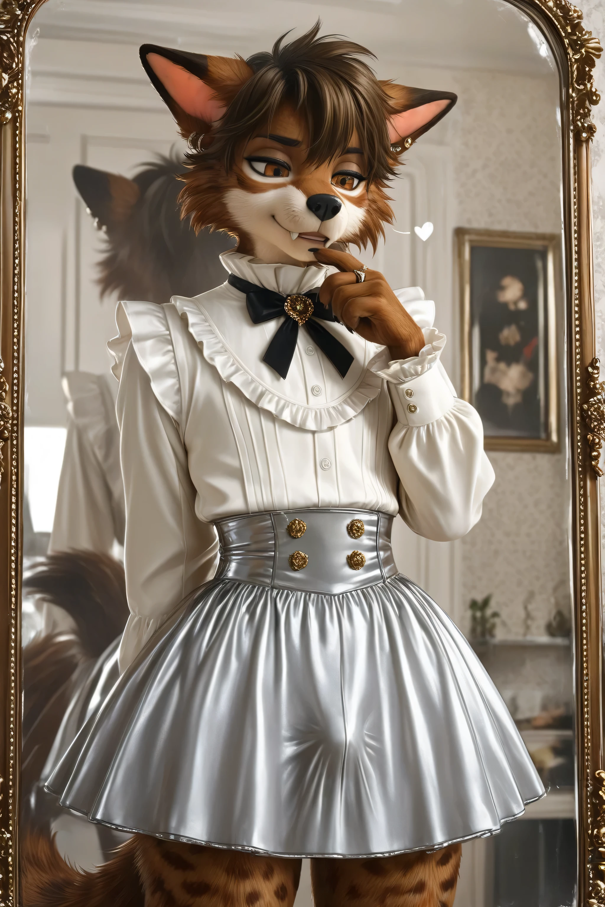 Elegant and clever Furry effeminate wolf with a feminine chest ,soft frilled shirt,fabric detailed Victorian skirt,bulge appearance on the skirt ,looking at down,eyes down,long sleeves,hearts, bow, solo, clothes room,stylish outfits,clothes details,clothes textures,girly tie with details ,bulge details,fingers details,cgi,deep image rendering,high quality outfits textures,buttons details ,bulge appearance,buttons detailed ,4k upscale,high quality textures ,perfect upscale ,solo, He looks at his body with admiration،eyes down,waist details under the skirt,acting like a lady very well,feminine moves and behaviors, long and soft feminine hair,elegant feminine outfit, perfect crossdressing appearance, very realistic Furry face,tail appearance,eyes details, improve face textures details deeply, polite elegant lady pose acting, rings,earrings,manly arms, rough and strong manly hands,He looks at his bulge carefully,hot breathing, fluffy cheeks,embarrassment face,looks very busy, deep details of clothes textures fabrics,he feeling phenomenal after wearing femmine outfit,feminine clothes fetishism,he loving feminine clothes so much,modern design clothes,charismatic Furry,realistic colors, 4k upscale,high quality details,character best detailing,male furry body features,He looks very fashionable ,sexy legs,gender identity disorder, handsome effeminate furry,crossdressing ideas fashionable,beautiful effeminate furry,wearing clothing pose,feminine Chest appears prominent, He looks like he's having fun, very wide waist, rough face, frilled cuff with details, manly eyes, burgundy hair color, mirror appearance, wearing front the mirror, realistic reflection of mirror,cunning cute male smile, fangs, He does girly things,high quality decoration details, silver skirt and elegant, arm hidden behind the back,temptation Victorian outfit, eyeliner, exposed back, butt details, kiss on air, flying kiss from furry, hand on chin