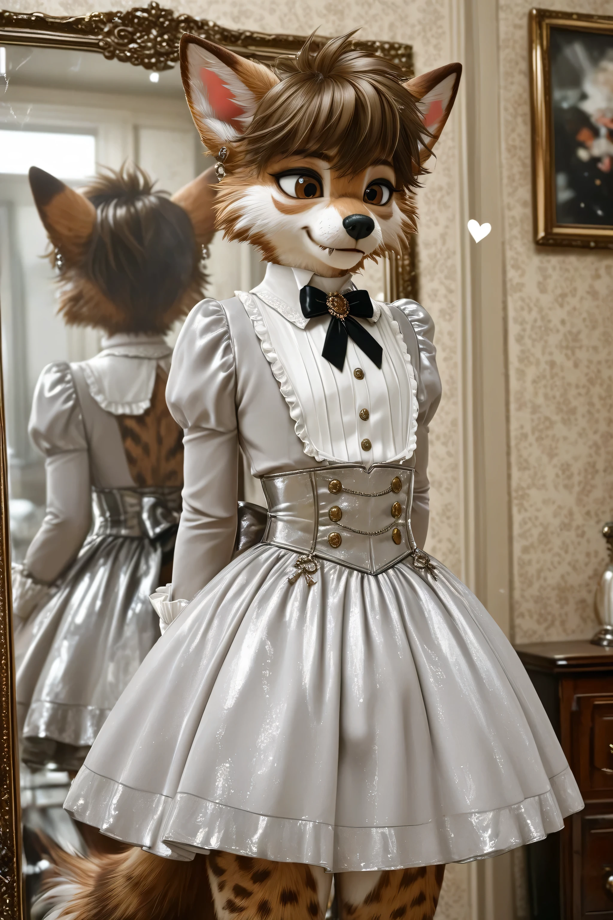 Elegant and clever Furry effeminate wolf with a feminine chest ,soft frilled shirt,fabric detailed Victorian skirt,bulge appearance on the skirt ,looking at down,eyes down,long sleeves,hearts, bow, solo, clothes room,stylish outfits,clothes details,clothes textures,girly tie with details ,bulge details,fingers details,cgi,deep image rendering,high quality outfits textures,buttons details ,bulge appearance,buttons detailed ,4k upscale,high quality textures ,perfect upscale ,solo, He looks at his body with admiration،eyes down,waist details under the skirt,acting like a lady very well,feminine moves and behaviors, long and soft feminine hair,elegant feminine outfit, perfect crossdressing appearance, very realistic Furry face,tail appearance,eyes details, improve face textures details deeply, polite elegant lady pose acting, rings,earrings,manly arms, rough and strong manly hands,He looks at his bulge carefully,hot breathing, fluffy cheeks,embarrassment face,looks very busy, deep details of clothes textures fabrics,he feeling phenomenal after wearing femmine outfit,feminine clothes fetishism,he loving feminine clothes so much,modern design clothes,charismatic Furry,realistic colors, 4k upscale,high quality details,character best detailing,male furry body features,He looks very fashionable ,sexy legs,gender identity disorder, handsome effeminate furry,crossdressing ideas fashionable,beautiful effeminate furry,wearing clothing pose,feminine Chest appears prominent, He looks like he's having fun, very wide waist, rough face, frilled cuff with details, manly eyes, burgundy hair color, mirror appearance, wearing front the mirror, realistic reflection of mirror,cunning cute male smile, fangs, He does girly things,high quality decoration details, silver skirt and elegant, arms hidden behind the back,temptation Victorian outfit, eyeliner, peace fingers