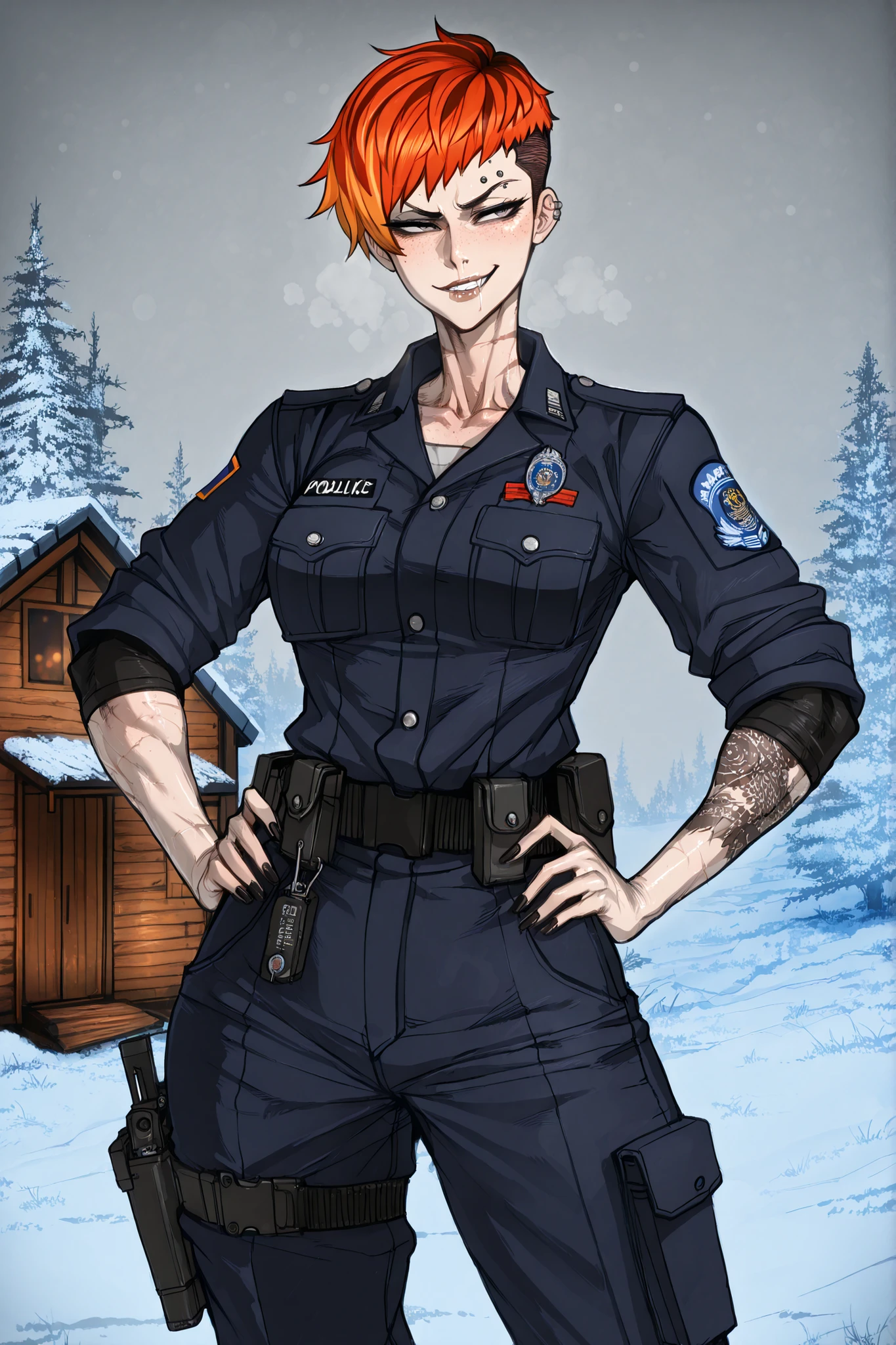 An athletic toned strong woman in her late twenties, defined muscles, powerful build. Bright vivid orange dyed hair in punk pixie cut with undercut sides. Cold steel gray eyes lit with amusement, one brow raised, smirk tugging at her lips. Angular face with defined jawline, freckles across nose bridge, small scar on upper lip creased in a crooked grin. Fair skin with visible scars on knuckles. Eyebrow piercing gleaming. Full geometric tattoo sleeve visible on right arm beneath rolled uniform sleeve, wolf tattoo visible at neck. She wears standard Russian police uniform: dark navy blue long-sleeved shirt with red piping, badges and insignia, sleeves rolled to forearms; dark navy blue uniform pants, service weapon holster at hip, ID badge on belt. Standing in snowy Siberian landscape, hands on hips, posture relaxed but confident. Blurred rustic wooden cabin in background bokeh, snow-covered pine trees, heavy snowfall, gray overcast sky. Playful defiance, cocky charm, rebel energy in the cold... Ratatatat74, anime screenshot, best quality, 8k, masterpiece.