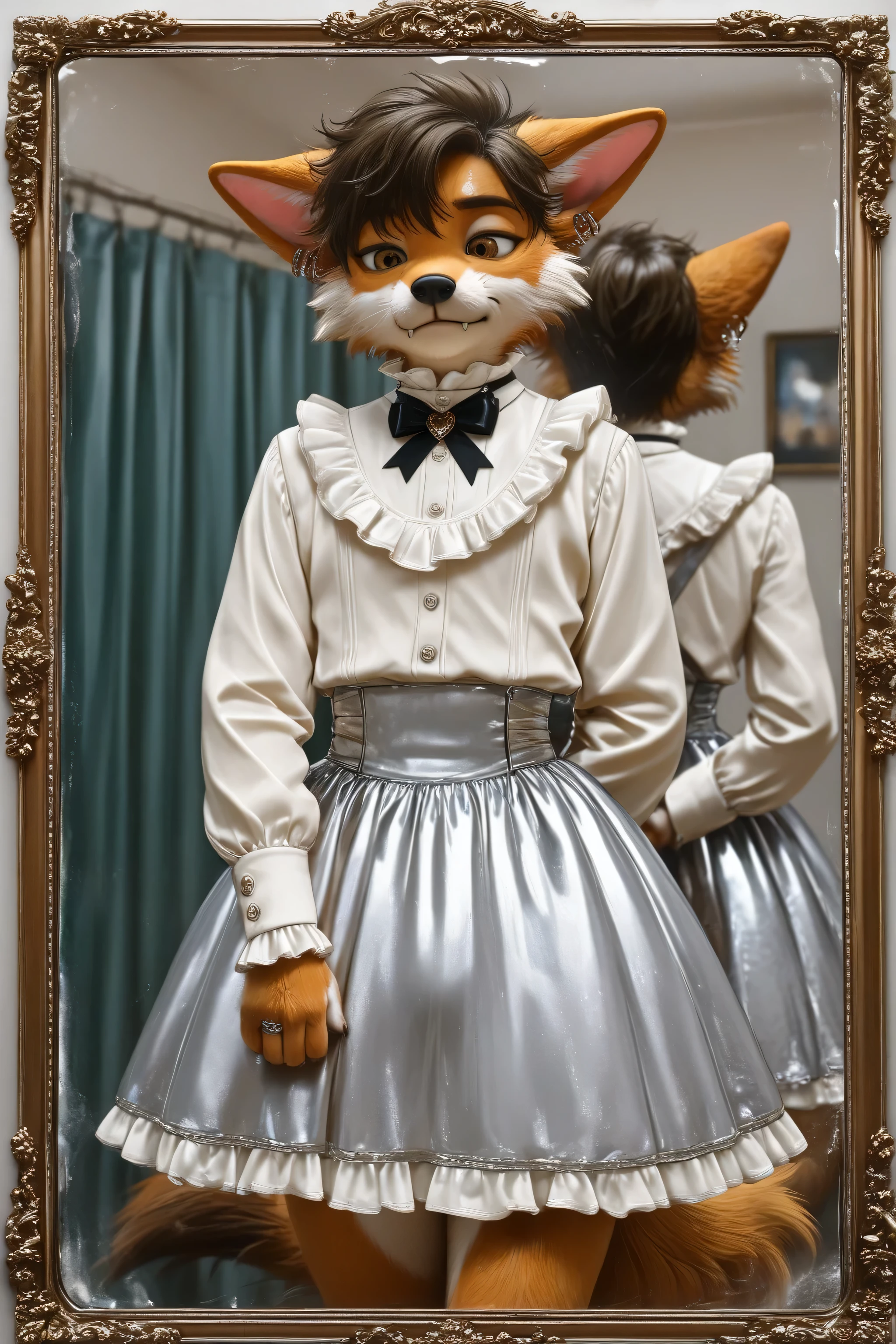 Elegant and clever Furry effeminate wolf with a feminine chest ,soft frilled shirt,fabric detailed Victorian skirt,bulge appearance on the skirt ,looking at down,eyes down,long sleeves,hearts, bow, solo, clothes room,stylish outfits,clothes details,clothes textures,girly tie with details ,bulge details,fingers details,cgi,deep image rendering,high quality outfits textures,buttons details ,bulge appearance,buttons detailed ,4k upscale,high quality textures ,perfect upscale ,solo, He looks at his body with admiration،eyes down,waist details under the skirt,acting like a lady very well,feminine moves and behaviors, long and soft feminine hair,elegant feminine outfit, perfect crossdressing appearance, very realistic Furry face,tail appearance,eyes details, improve face textures details deeply, polite elegant lady pose acting, rings,earrings,manly arms, rough and strong manly hands,He looks at his bulge carefully,hot breathing, fluffy cheeks,embarrassment face,looks very busy, deep details of clothes textures fabrics,he feeling phenomenal after wearing femmine outfit,feminine clothes fetishism,he loving feminine clothes so much,modern design clothes,charismatic Furry,realistic colors, 4k upscale,high quality details,character best detailing,male furry body features,He looks very fashionable ,sexy legs,gender identity disorder, handsome effeminate furry,crossdressing ideas fashionable,beautiful effeminate furry,wearing clothing pose,feminine Chest appears prominent, He looks like he's having fun, very wide waist, rough face, frilled cuff with details, manly eyes, burgundy hair color, mirror appearance, wearing front the mirror, realistic reflection of mirror,cunning cute male smile, fangs, He does girly things,high quality decoration details, silver skirt and elegant, arms hidden behind the back,Victorian outfit