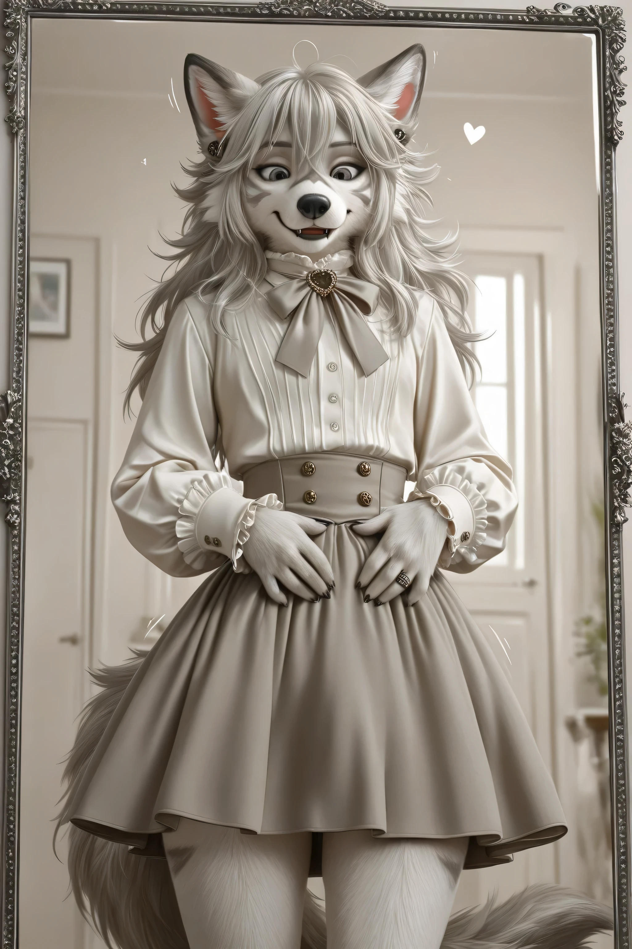 Elegant and clever Furry effeminate wolf,soft frilled shirt,long hair,very short fabric detailed skirt,large bulge appearance on the skirt ,looking at down,eyes down,long sleeves,hearts,solo,clothes room,stylish outfits,clothes details,clothes textures,feminine office outfits and suits ,girly tie with details ,bulge details,fingers details,cgi,deep image rendering,high quality outfits textures,buttons details ,bulge appearance,buttons detailed ,4k upscale,high quality textures ,perfect upscale ,He looks at his body with admiration،eyes down,acting like a lady very well,male with feminine beauty face,feminine moves and behaviors, long and soft feminine hair,elegant feminine outfit, perfect crossdressing appearance, very realistic Furry face,tail appearance,eyes details, improve face textures details deeply, rings,earrings,manly arms, rough and strong manly hands,hot breathing, fluffy cheeks, deep details of clothes textures fabrics,he feeling phenomenal after wearing femmine outfit,feminine clothes fetishism,modern design clothes,charismatic Furry,realistic colors,4k upscale,high quality details,character best detailing,male furry body features, sexy legs,feminine variety,soft coquette,gender identity disorder,handsome effeminate furry,crossdressing ideas fashionable,beautiful effeminate furry,wearing clothing pose,feminine Chest appears prominent, He looks like he's having fun, very wide waist, rough face, frilled cuff with details, manly eyes, mirror appearance, wearing front the mirror, realistic reflection of mirror, cute smile, sexy thighs, He seems quite satisfied with his appearance, wolf skin, temptation skirt, temptation pose, detailed mouth, detailed nose, Victorian outfit , dancing and shaking body, horny, hands veins detailing, chest details, nfsw, yiff, hands on waist, happy, Enchanting eyes and smile, adult age character, seductive sexual movements