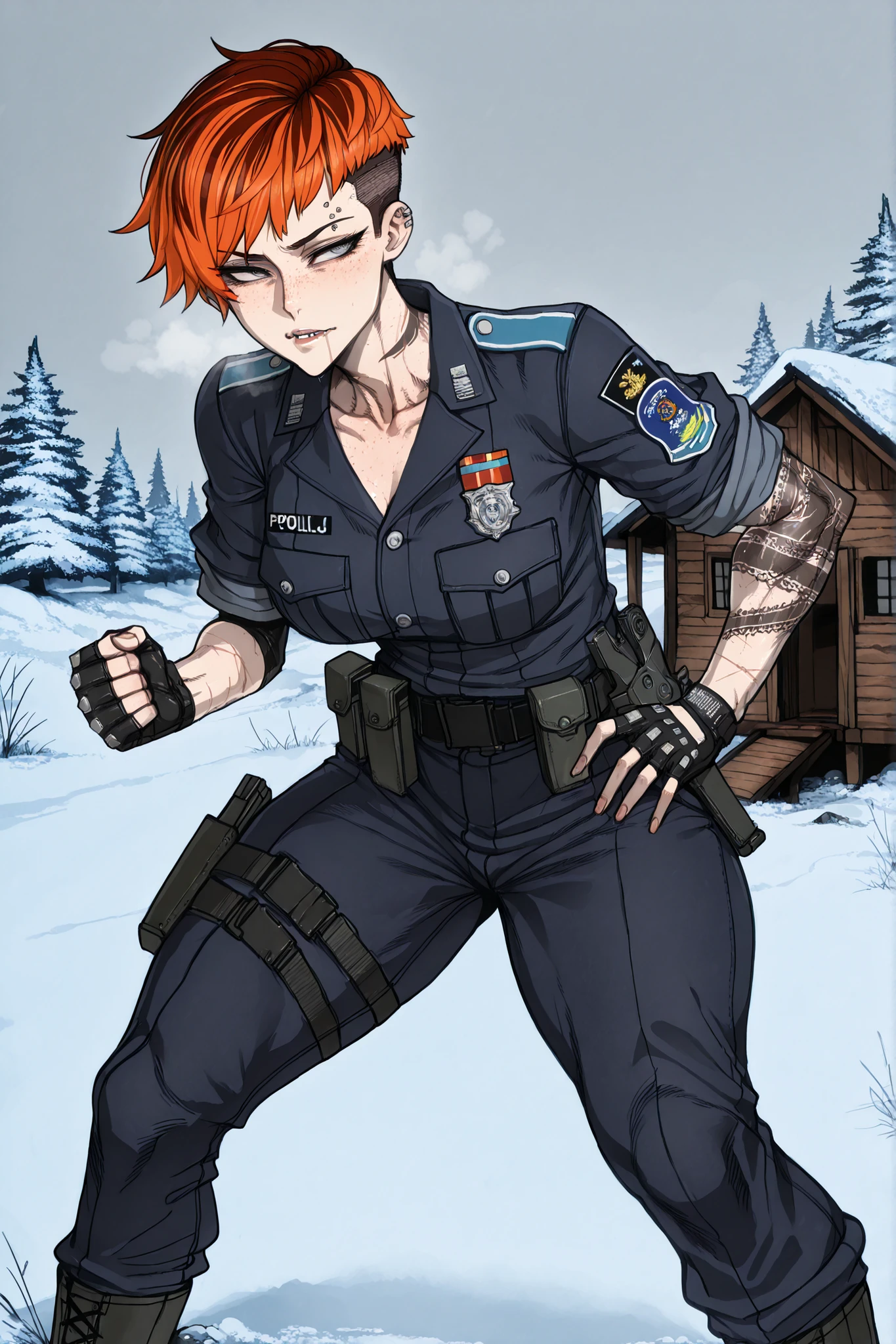 An athletic toned strong woman in her late twenties, defined muscles, powerful build. Bright vivid orange dyed hair in punk pixie cut with undercut sides. Cold steel gray eyes calm and observant, expression neutral but relaxed. Angular face with defined jawline, freckles across nose bridge, small scar on upper lip. Fair skin with visible scars on knuckles. Eyebrow piercing, full geometric tattoo sleeve on right arm beneath rolled uniform sleeve, wolf tattoo visible at neck. She wears standard Russian police uniform: dark navy blue long-sleeved shirt with red piping, badges and insignia, sleeves rolled to forearms; dark navy blue uniform pants, service weapon holster at hip, ID badge on belt. She sits on a snow-covered log, legs apart, elbows resting on her knees, hands clasped loosely. Snow falls gently around her, breath visible in the cold. Blurred rustic wooden cabin and pine trees in background, heavy snowfall, gray sky. Casual seated pose, grounded presence, winter stillness... Ratatatat74, anime screenshot, best quality, 8k, masterpiece.