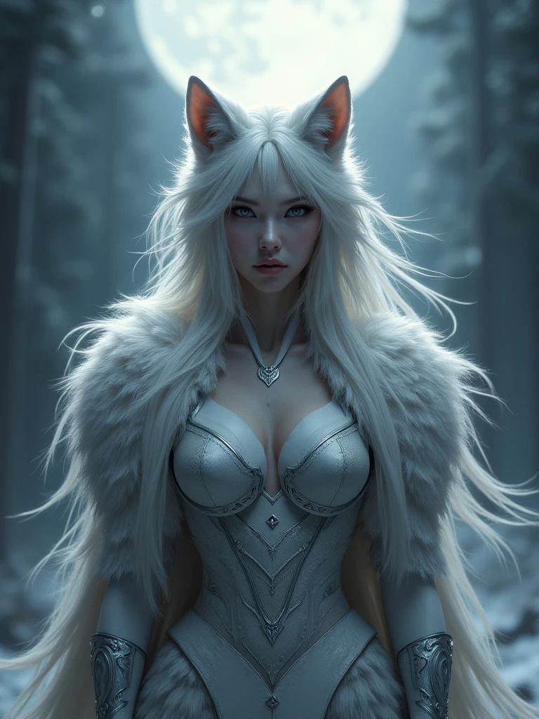 Frau ist Werwolf, body of a young woman, medium round , slender body (hohe Details), Body is covered by fur, helles Fell, Wolfgesicht, lange Haare, tolles Licht,